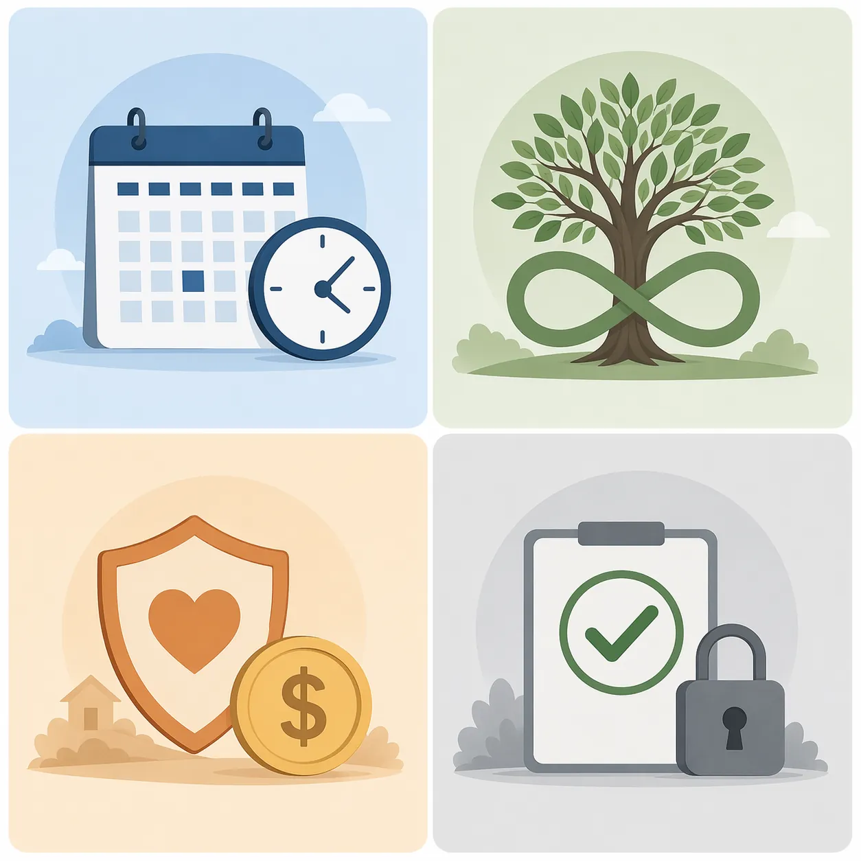 Four-panel illustration comparing term, whole life, final expense, and guaranteed issue insurance