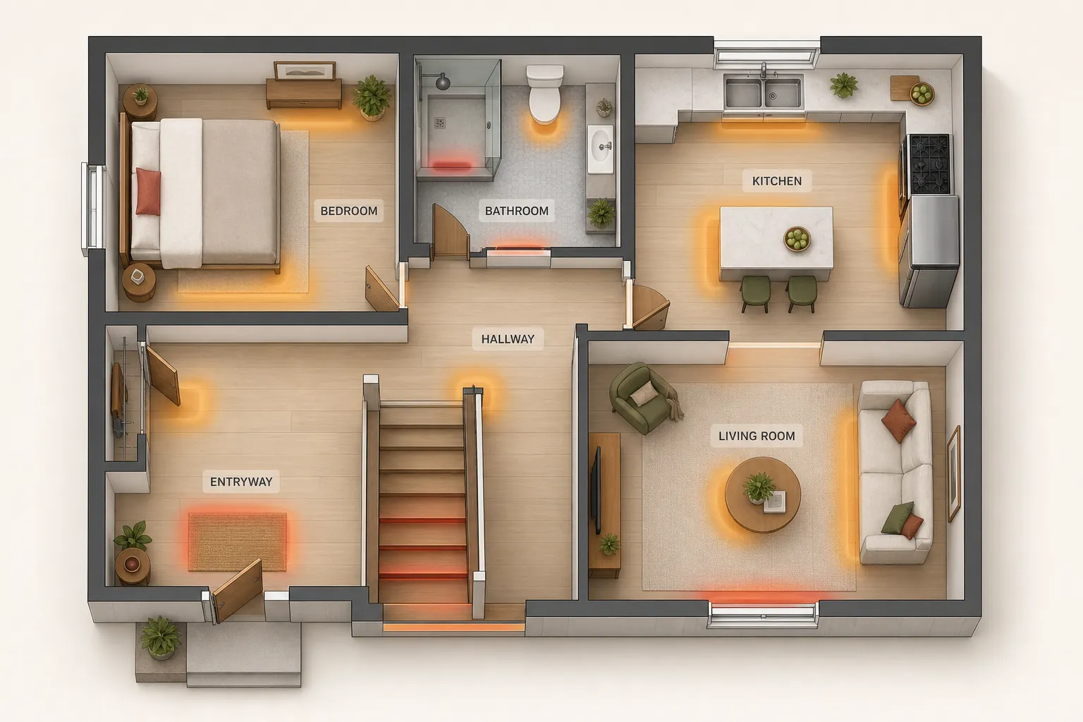 Single-story home floor plan with entryway, hallway, bathroom, bedroom, kitchen, and living room fall-hazard zones highlighted