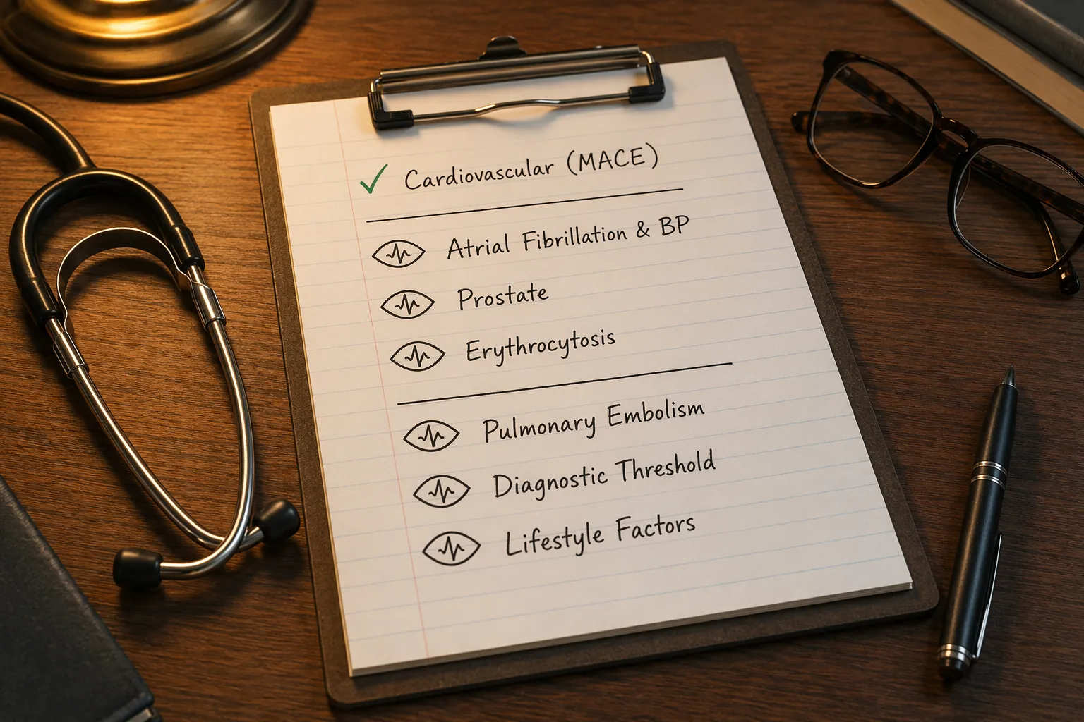 Doctor's clipboard with seven testosterone therapy checkpoints and monitoring icons