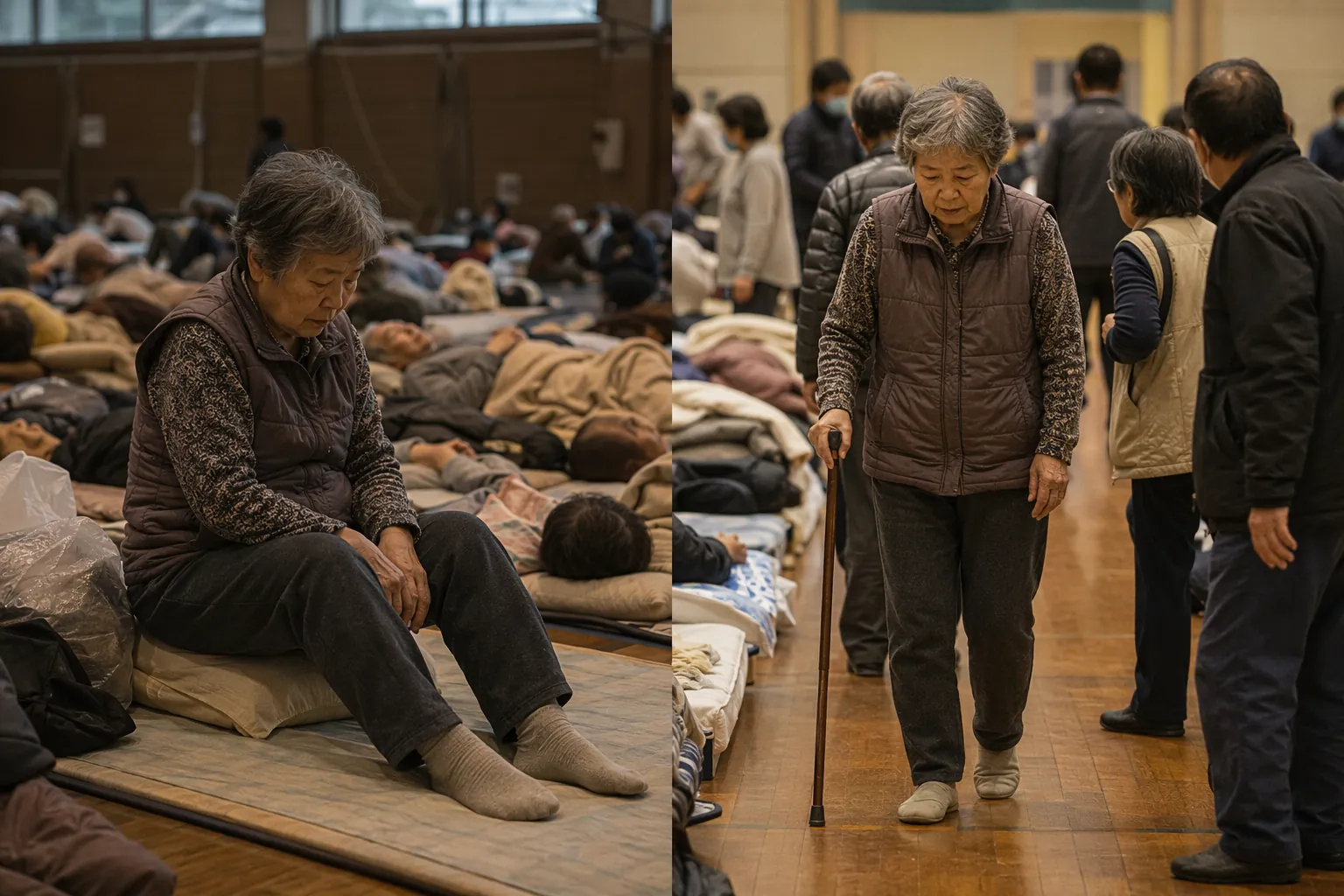 Split scene contrasting an older adult sitting inactive on a shelter mat with the same person walking slowly through a shelter aisle with a walking stick