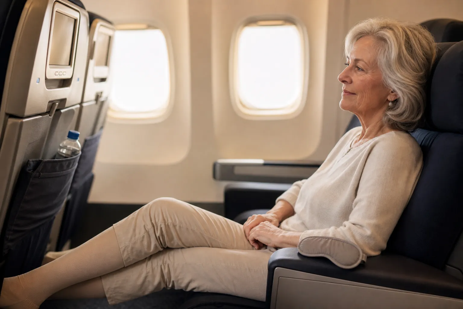 Senior woman seated comfortably in an aisle airplane seat with compression socks, water bottle, and eye mask nearby