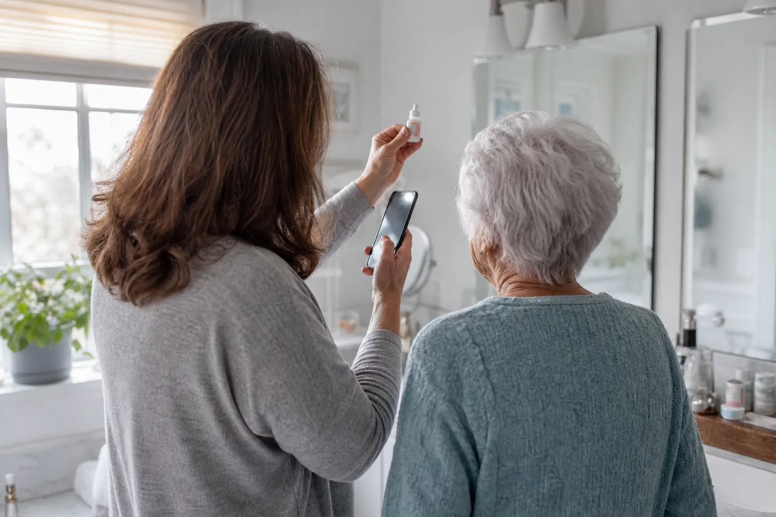 Adult child reading the tiny label on an eye drop bottle with a phone flashlight while an elderly parent watches at a bathroom counter