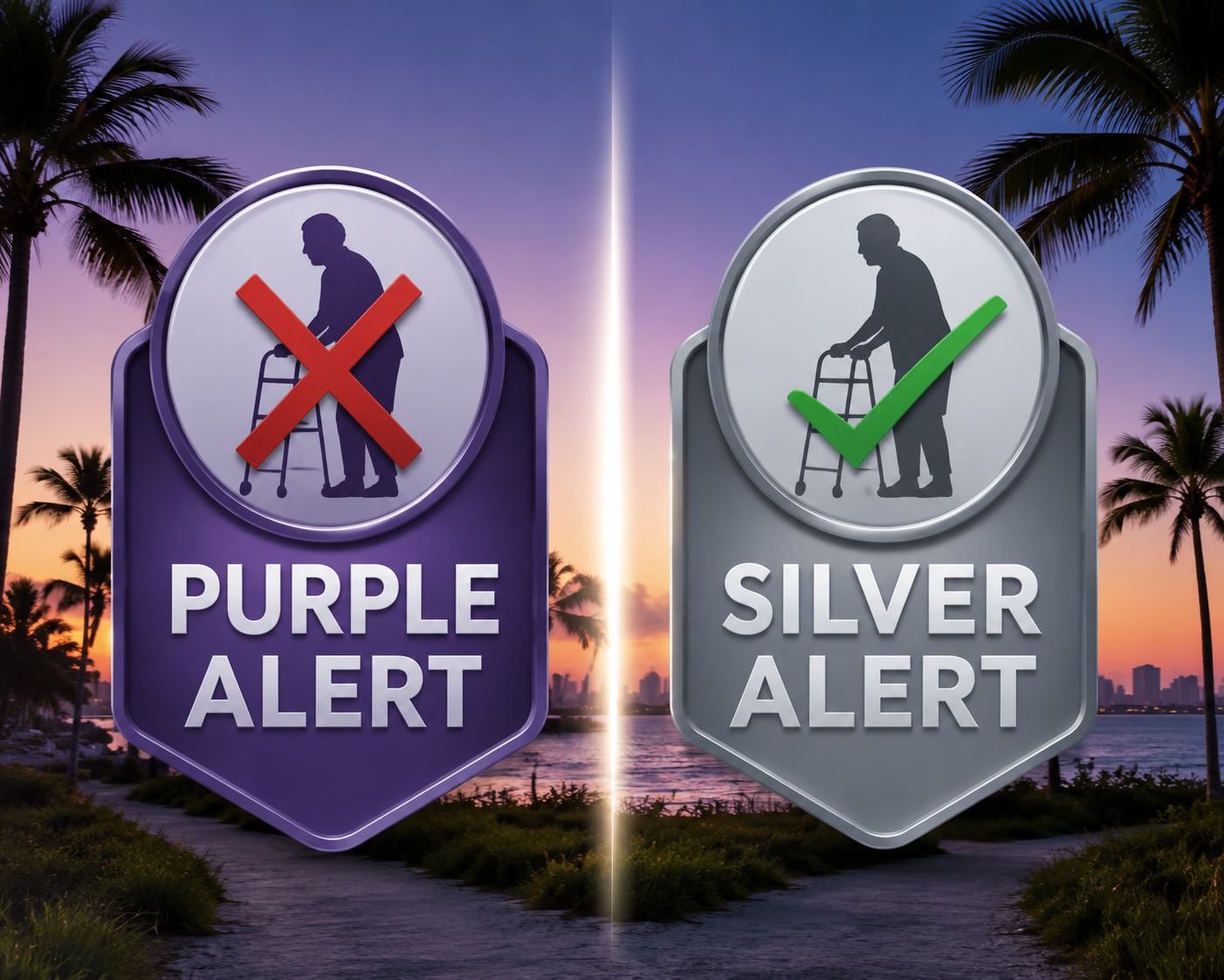 Purple Alert marked as not covering dementia beside Silver Alert marked as covering dementia in Florida