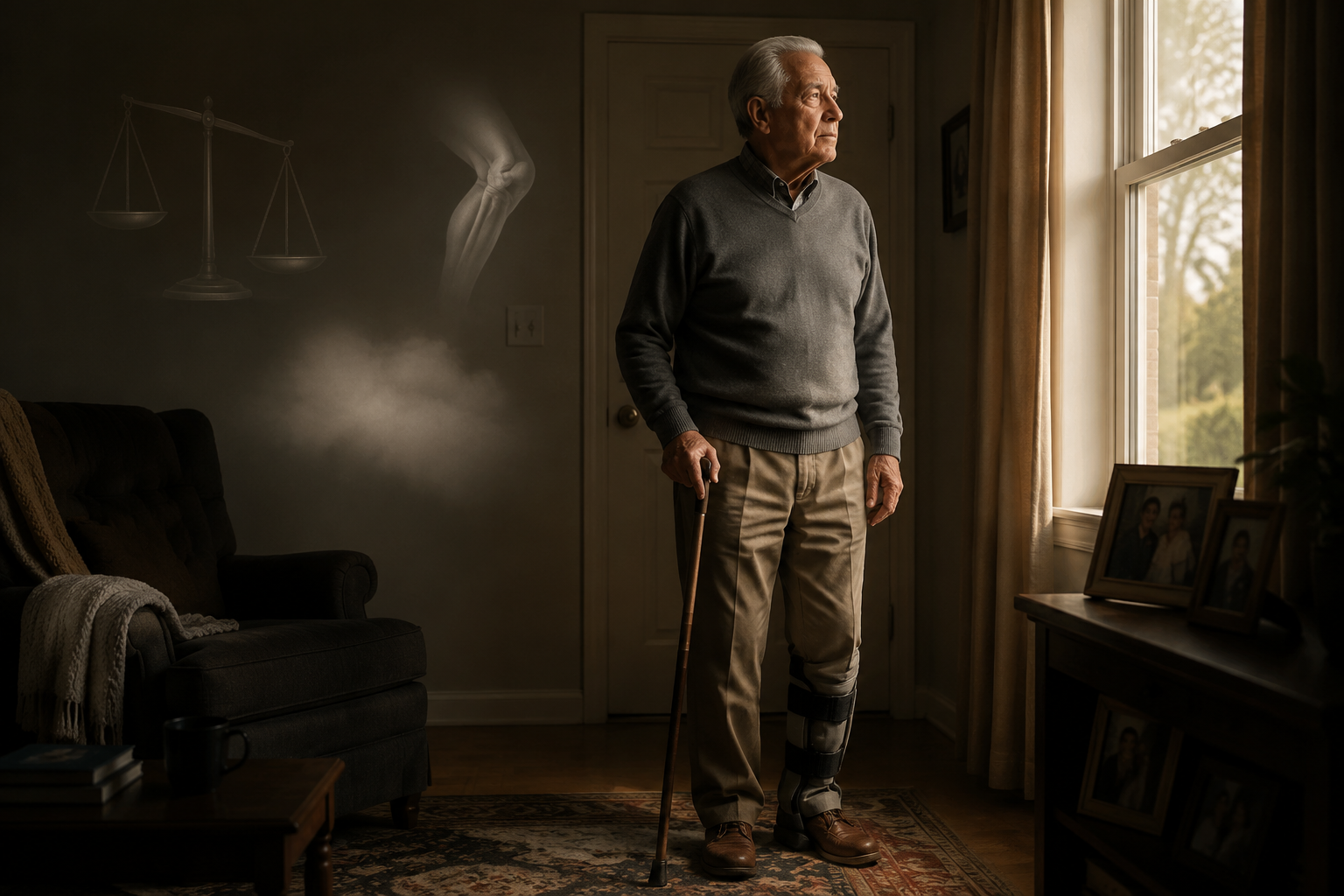 Older adult standing at home with a cane and subtle leg brace, with visual cues for balance, knee buckling, and fear