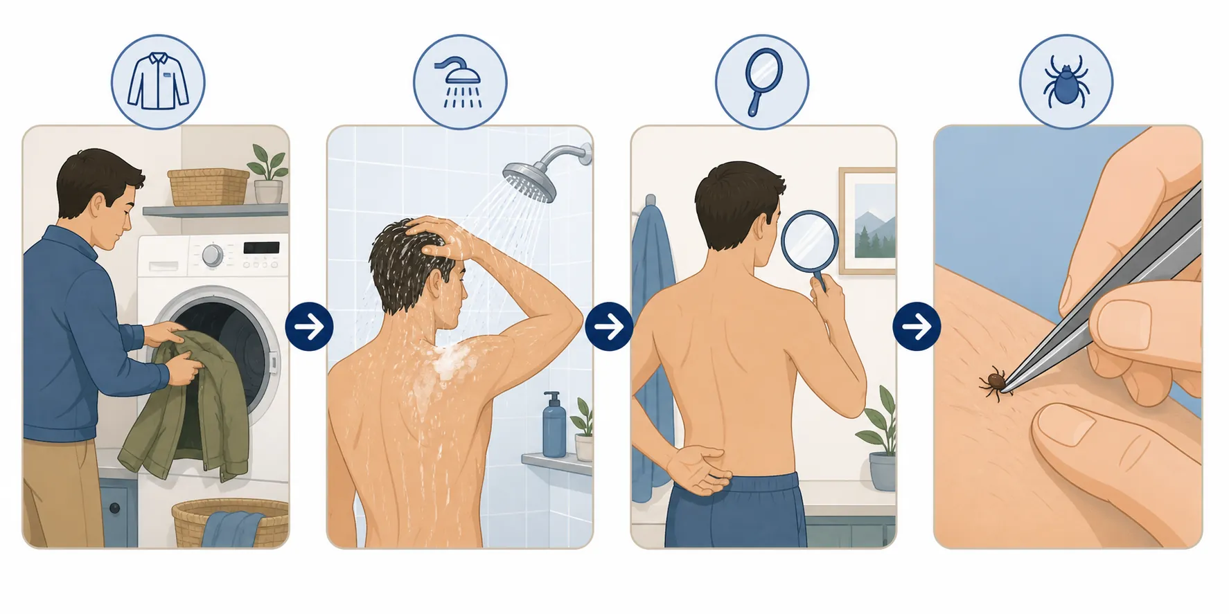 Four-step illustration showing outdoor clothes in a dryer, showering, checking the back with a mirror, and removing a tick with fine-tipped tweezers