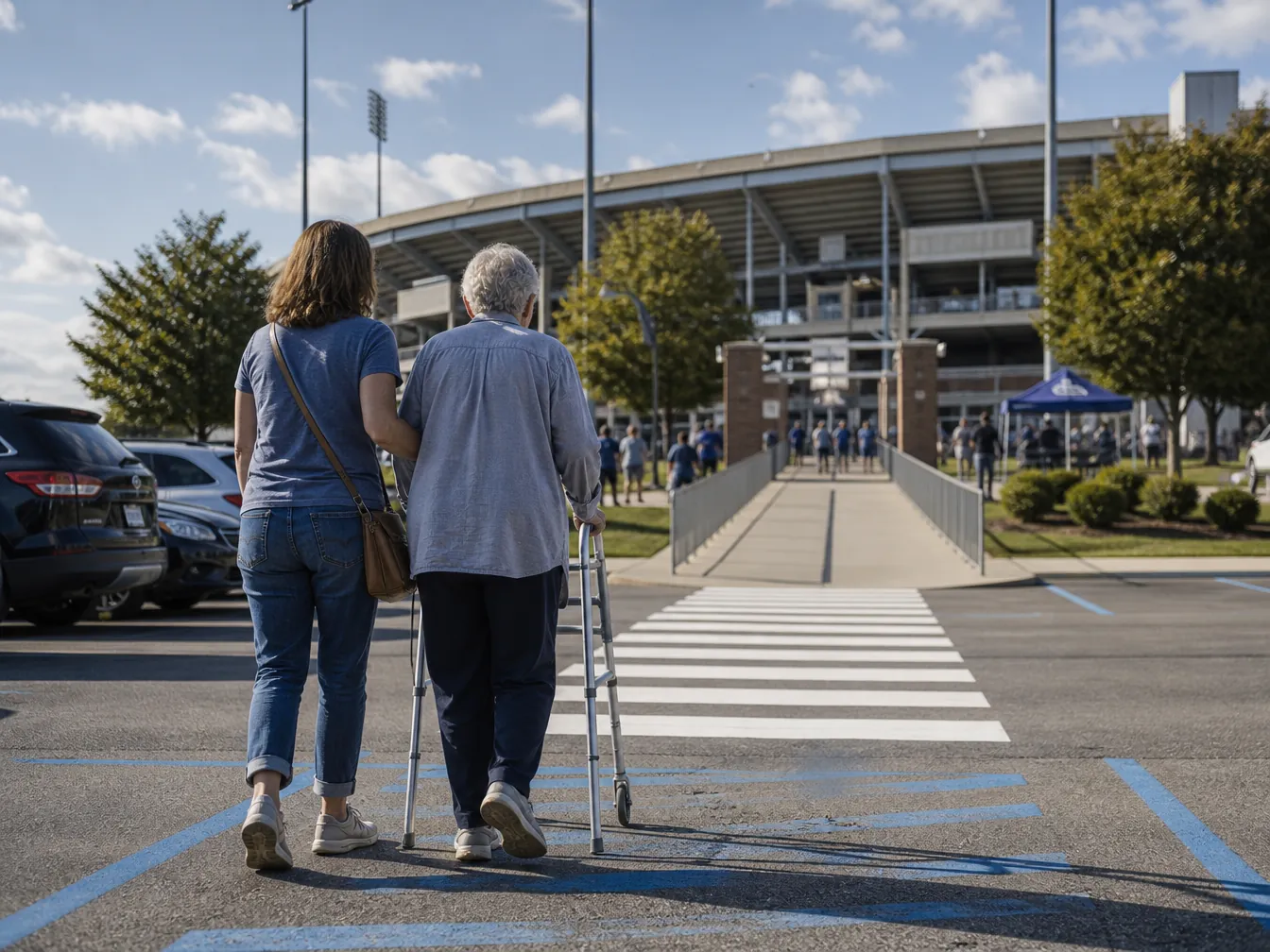 Older adult using a walker crosses a sunlit stadium parking lot with an adult daughter toward an accessible route
