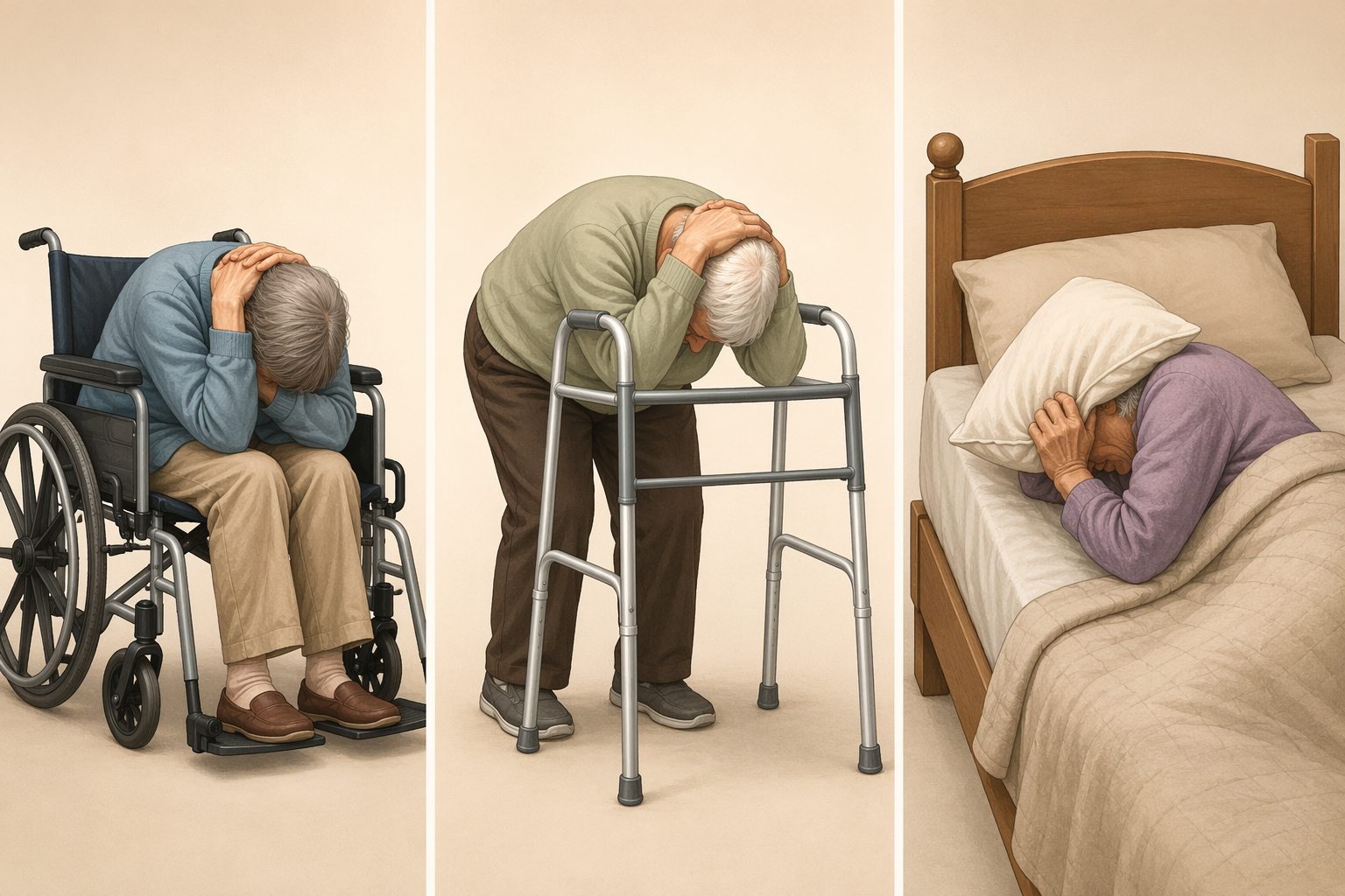 Correct earthquake response positions for a wheelchair user, walker user, and bedridden person