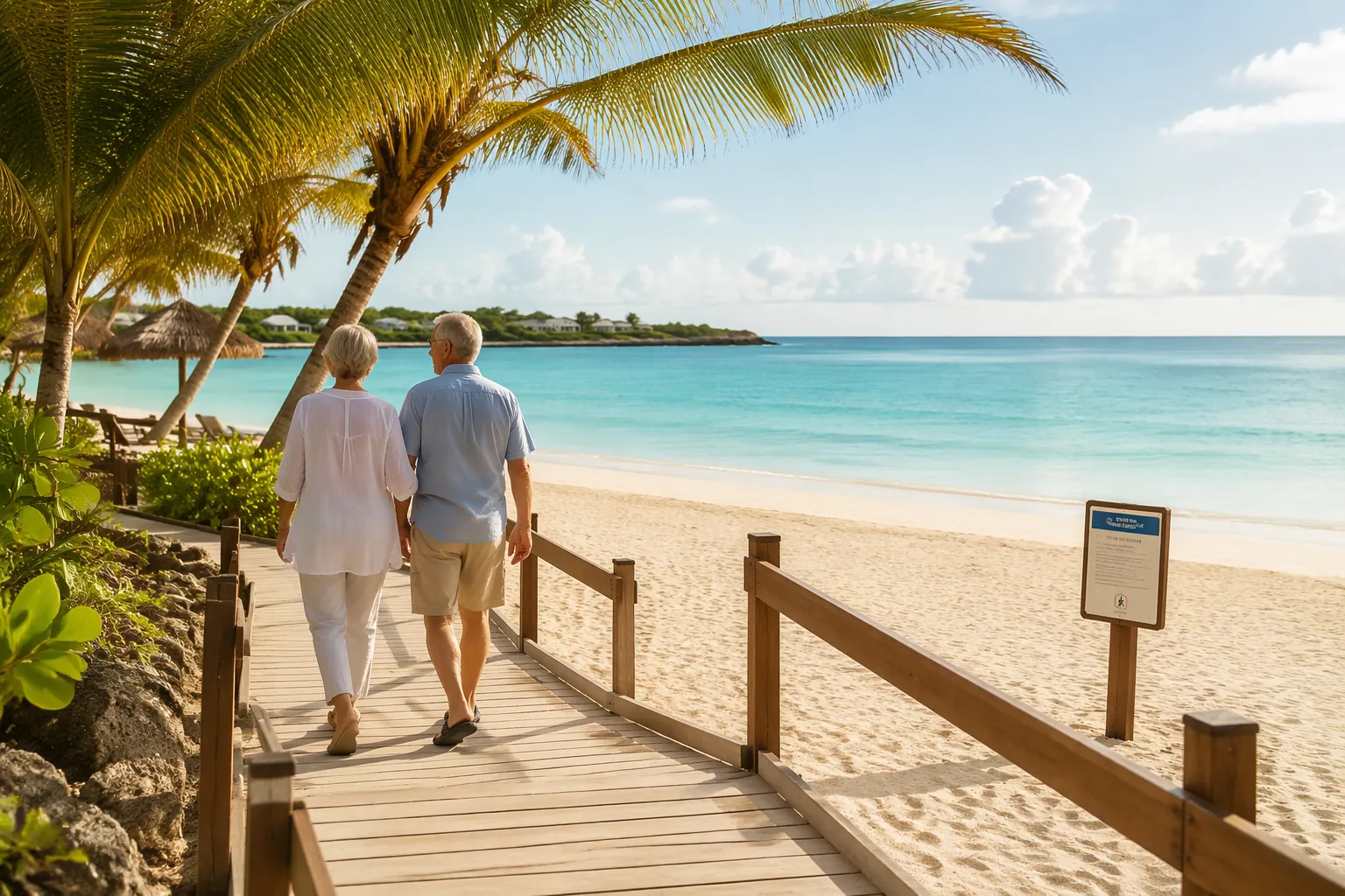 Older couple walking along a flat accessible beach walkway beside calm turquoise Caribbean water