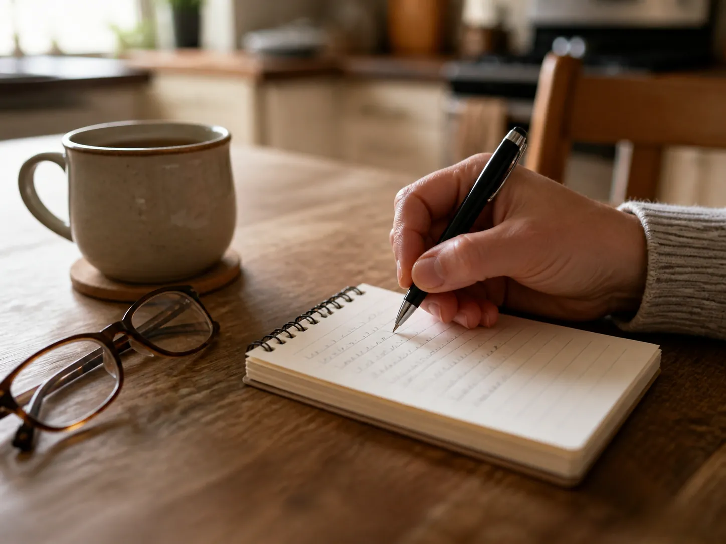 A hand writing a short note on a small notepad beside reading glasses and a mug of tea
