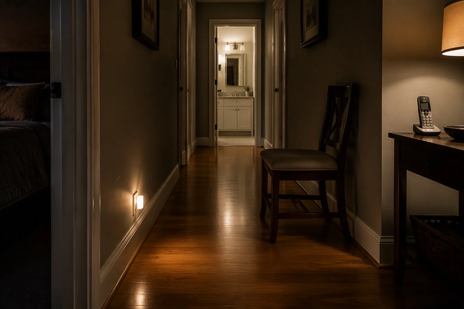 A clear nighttime hallway route from bedroom to bathroom with a nightlight, phone, and resting chair