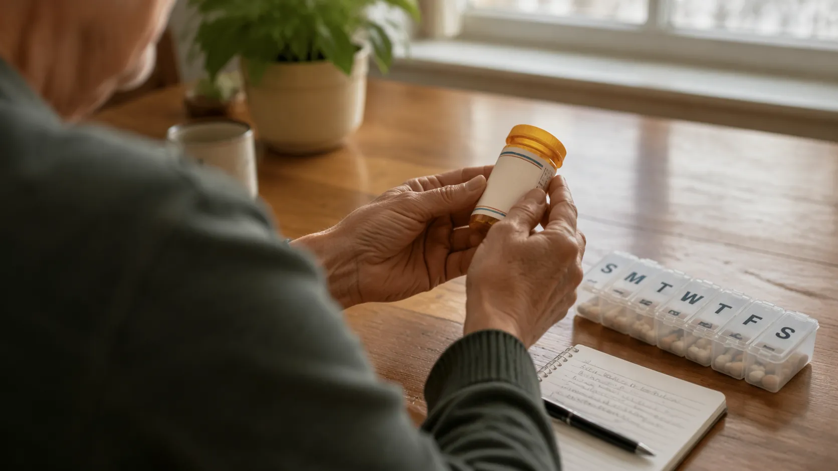 Older adult checking a prescription bottle label beside a pill organizer and notebook