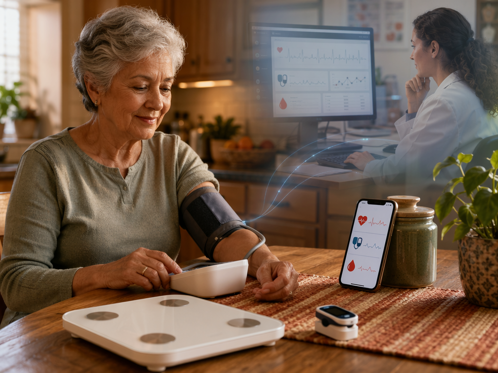 A senior woman at a kitchen table using a blood pressure monitor on her arm, with a weight scale and pulse oximeter nearby; her smartphone shows a health dashboard, and a soft transparent overlay in the background suggests a clinician viewing the data remotely.