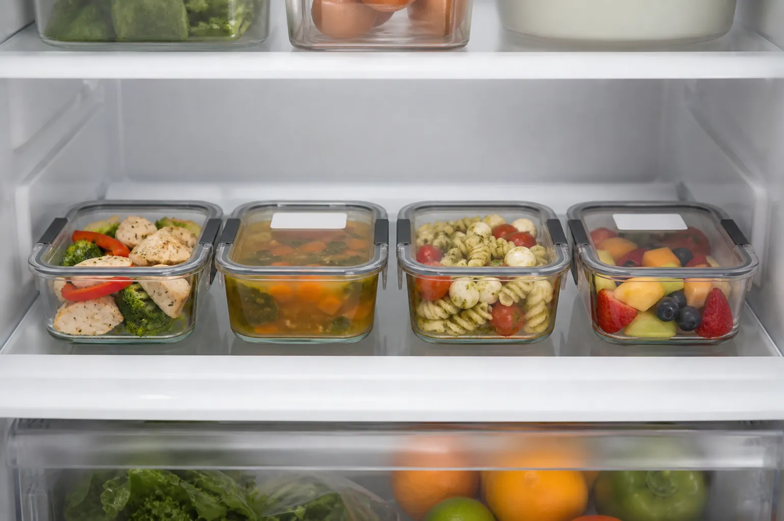 Refrigerator shelf with labeled single-serving meal containers