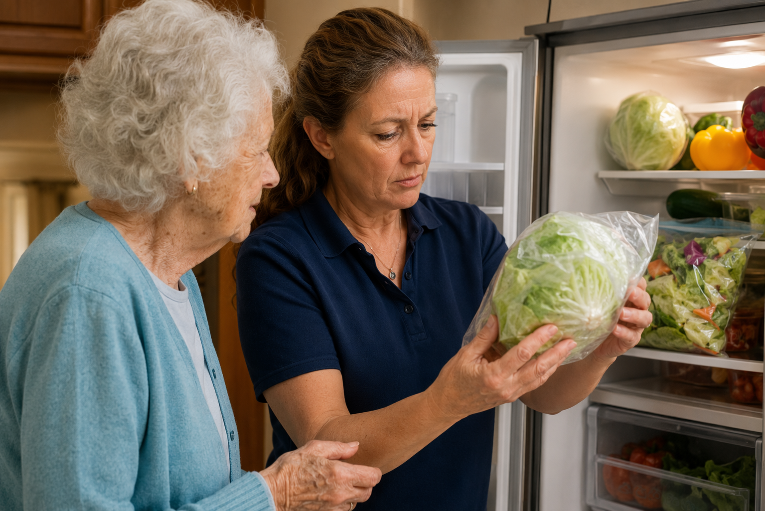 Caregiver checking a bag of lettuce in an older adult's refrigerator