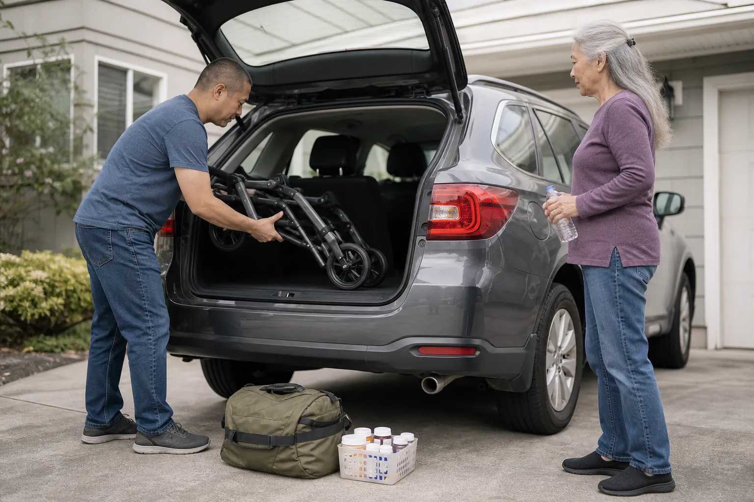 Adult loading a folded rollator walker and medical supplies into an SUV