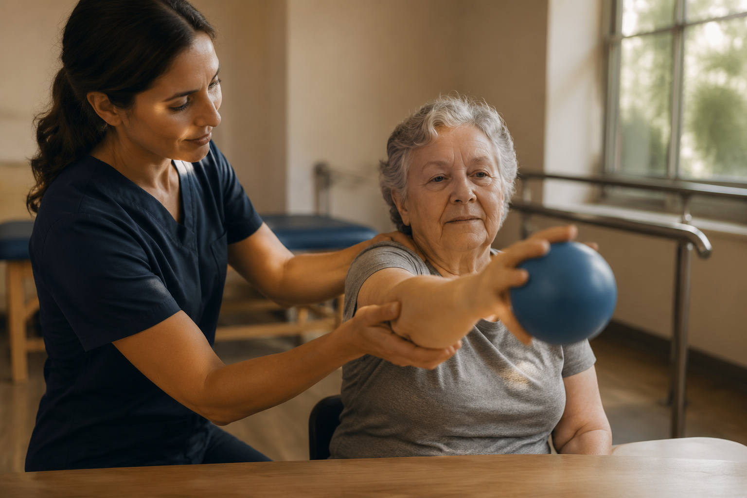 Older adult reaching forward during rehabilitation while a therapist supports their arm
