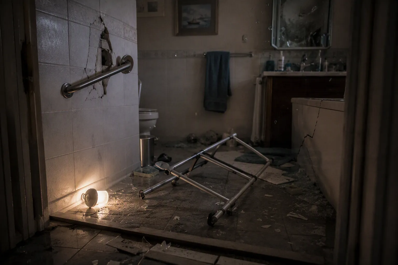 Dimly lit senior bathroom after an earthquake with a loosened grab bar, fallen walker, broken glass, and shifted threshold