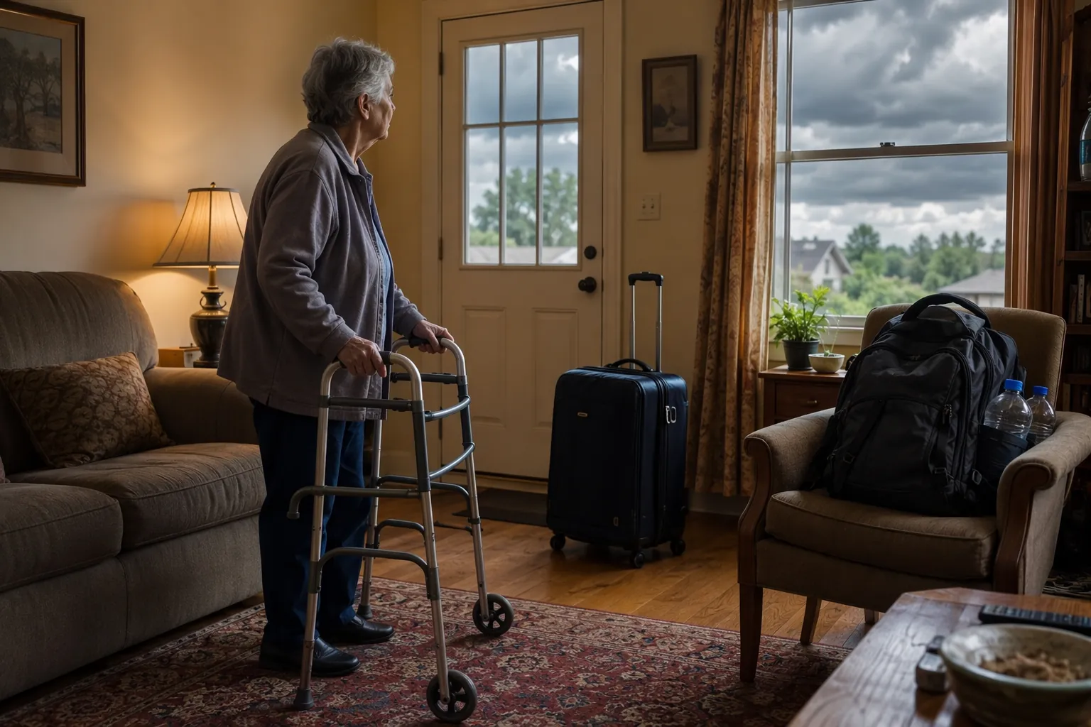 Older adult standing with a wheeled walker near packed evacuation bags before a storm