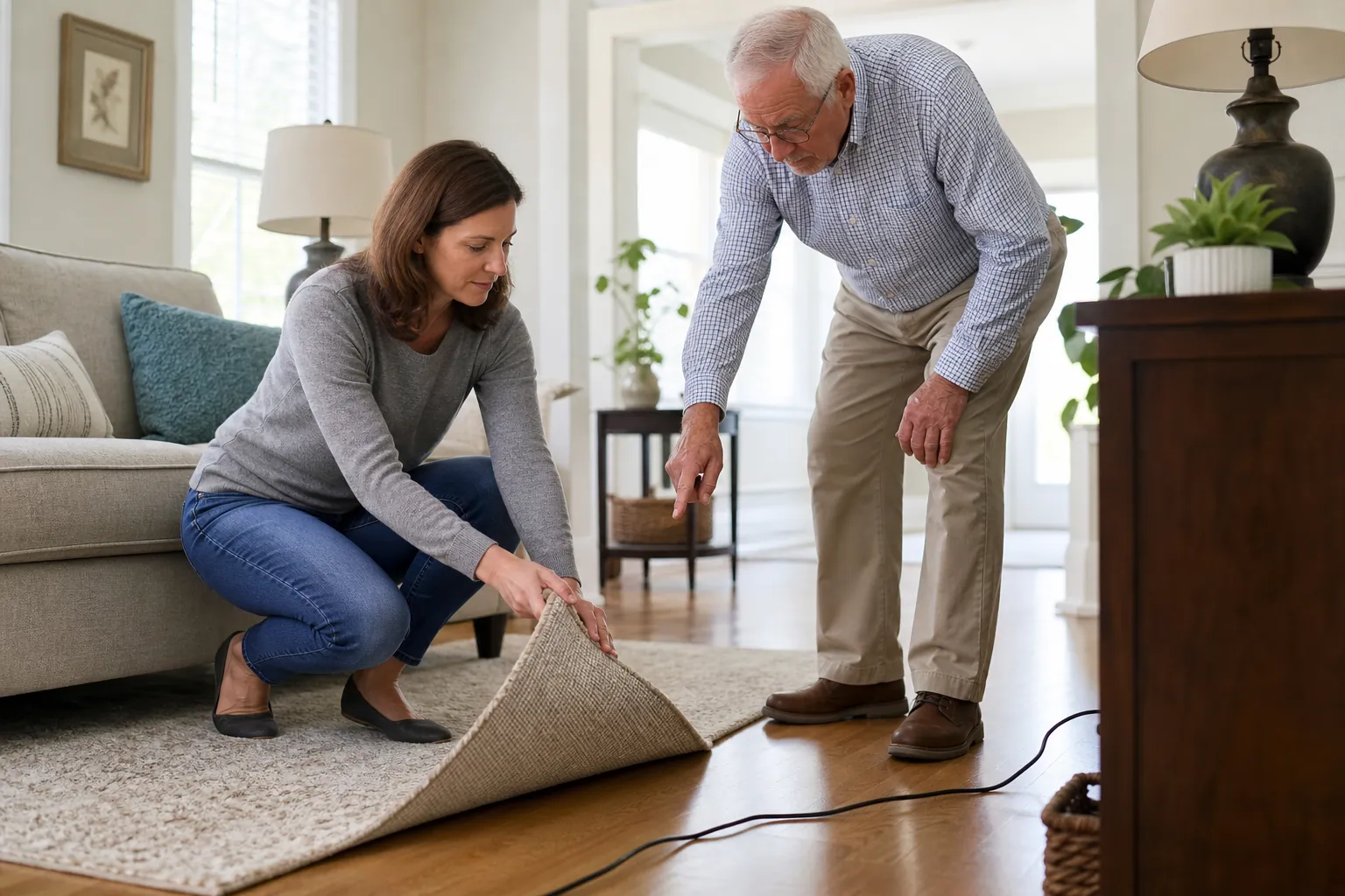 Daughter lifts a throw rug while her elderly father points out an electrical cord across the walkway