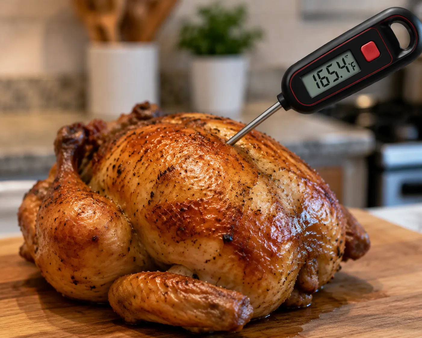 Digital instant-read thermometer inserted into roasted chicken