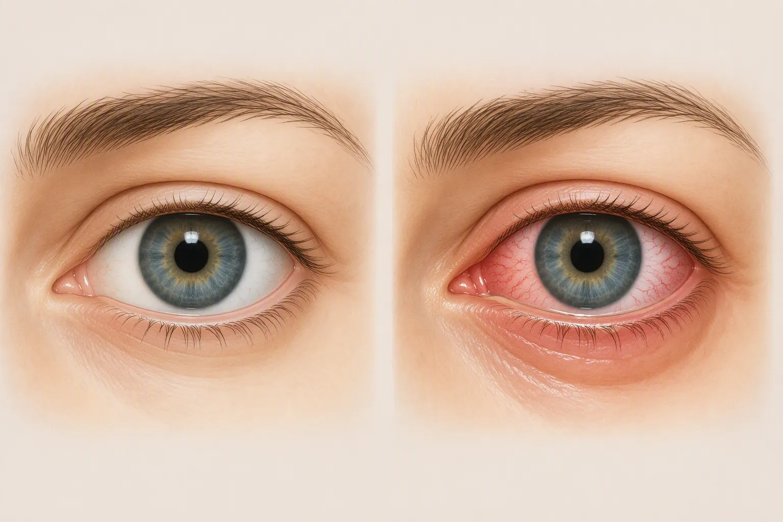 Comparison of a clear healthy eye and a reddened irritated eye with watery discharge