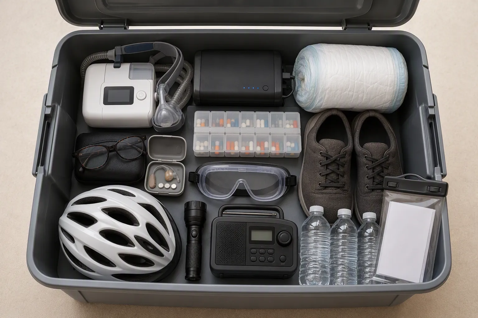 An older adult tornado emergency tote with medications, CPAP backup battery, glasses, hearing aid batteries, shoes, helmet, goggles, flashlight, radio, water, and documents