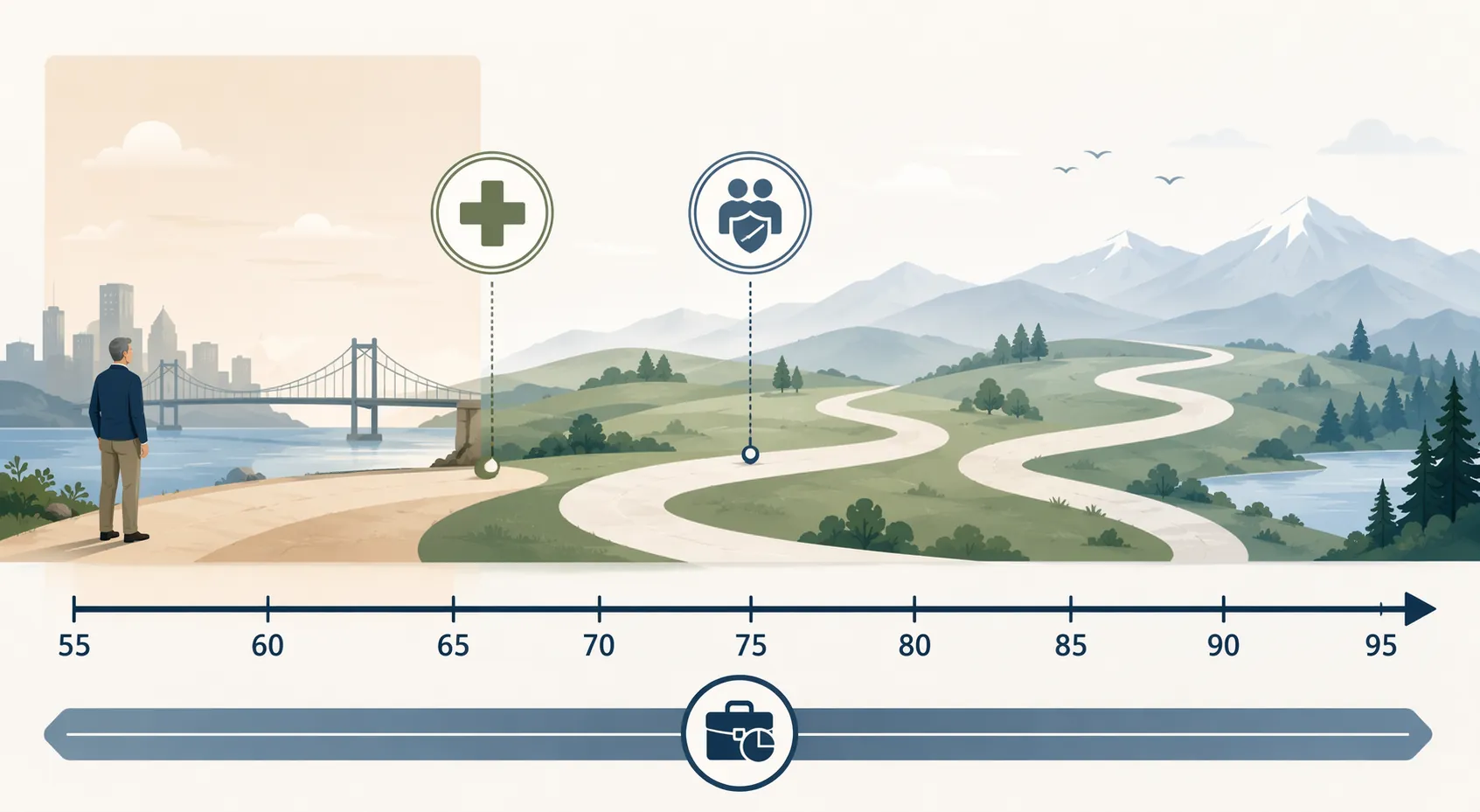 Timeline from age 55 to 95 showing Medicare, Social Security, and the portfolio bridge years