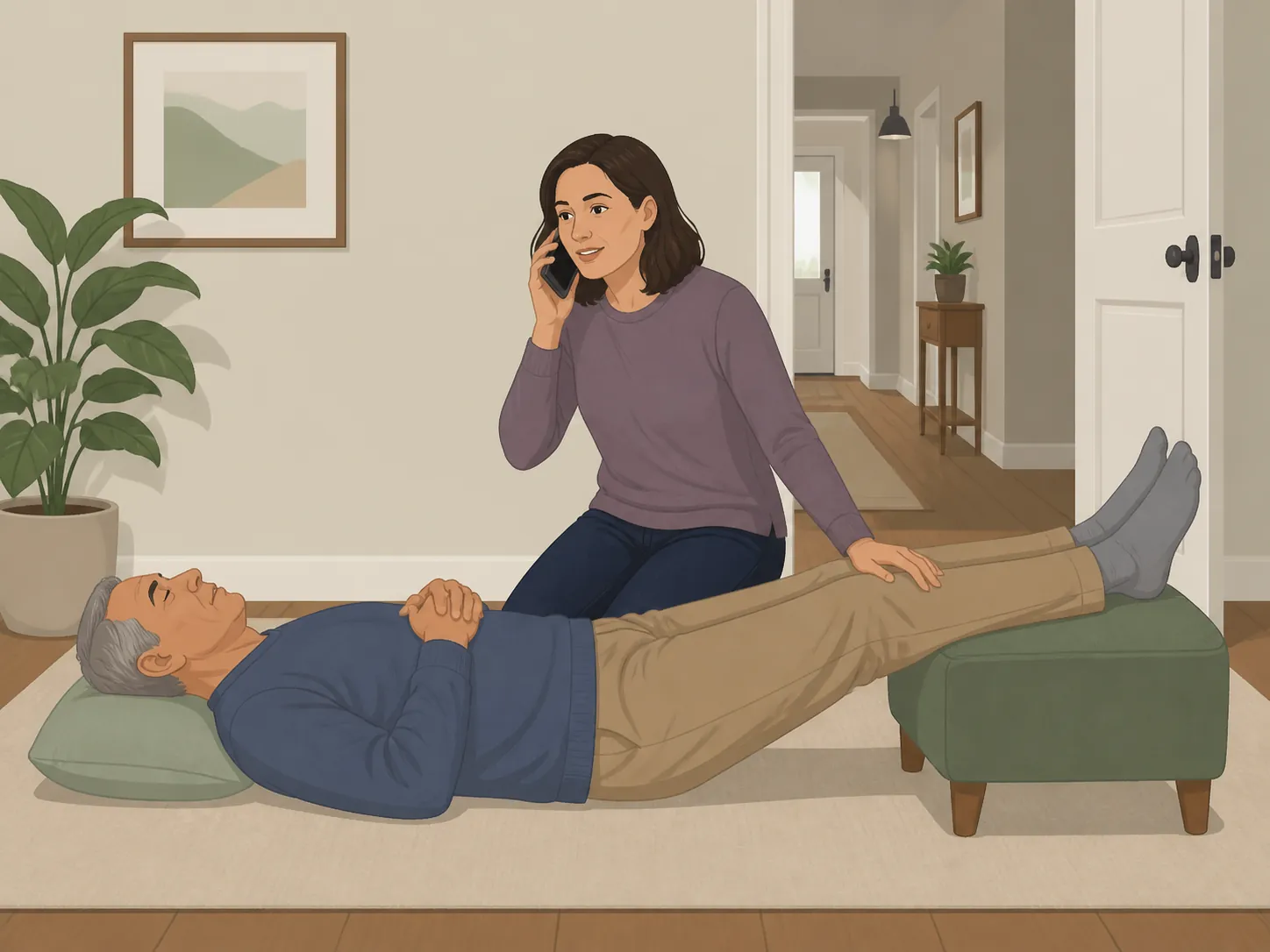 Older adult lying flat with legs elevated while an adult daughter calls emergency services