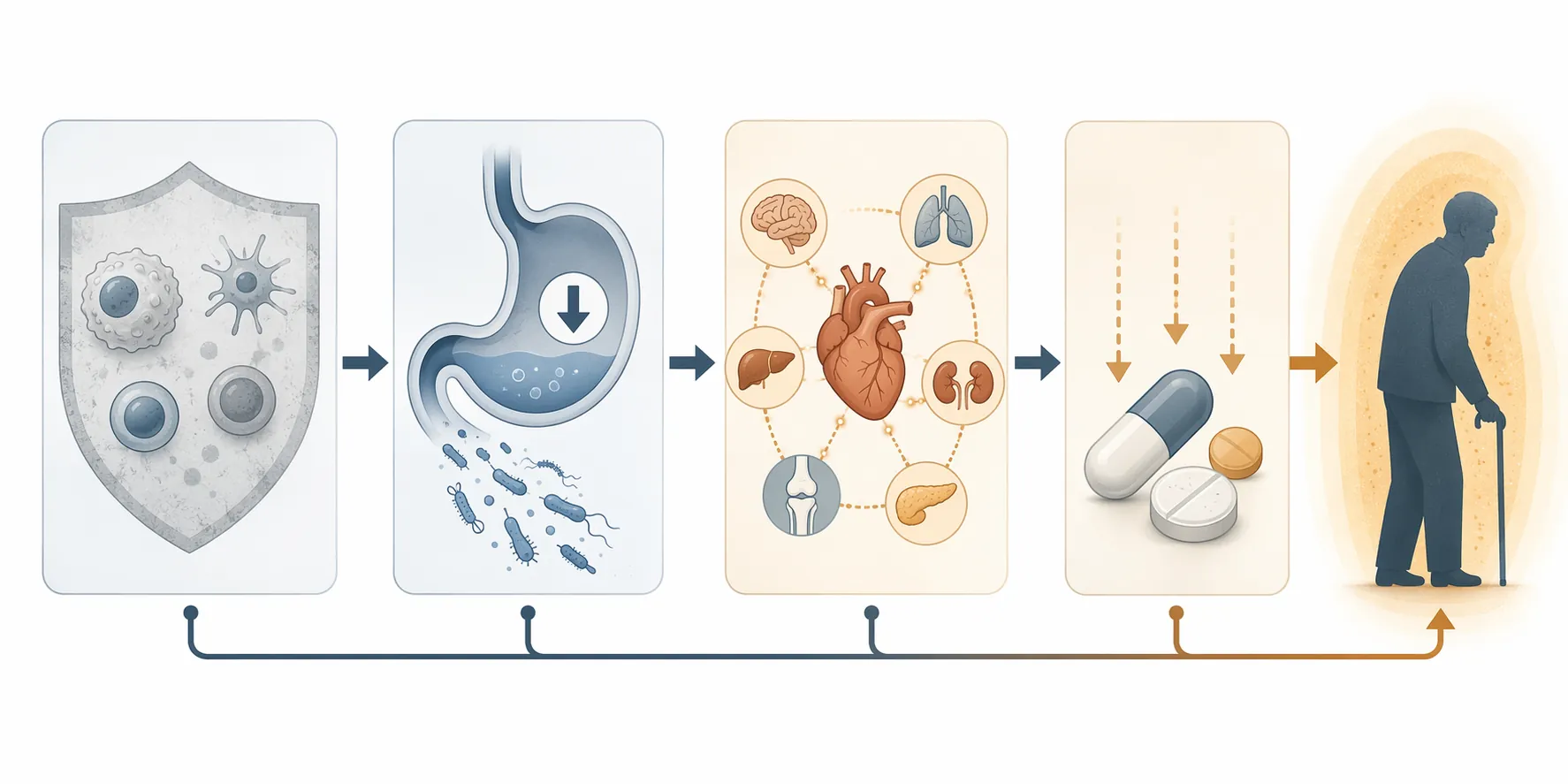Diagram showing immunosenescence, low stomach acid, chronic disease, and medication effects leading to higher Salmonella risk in an older adult