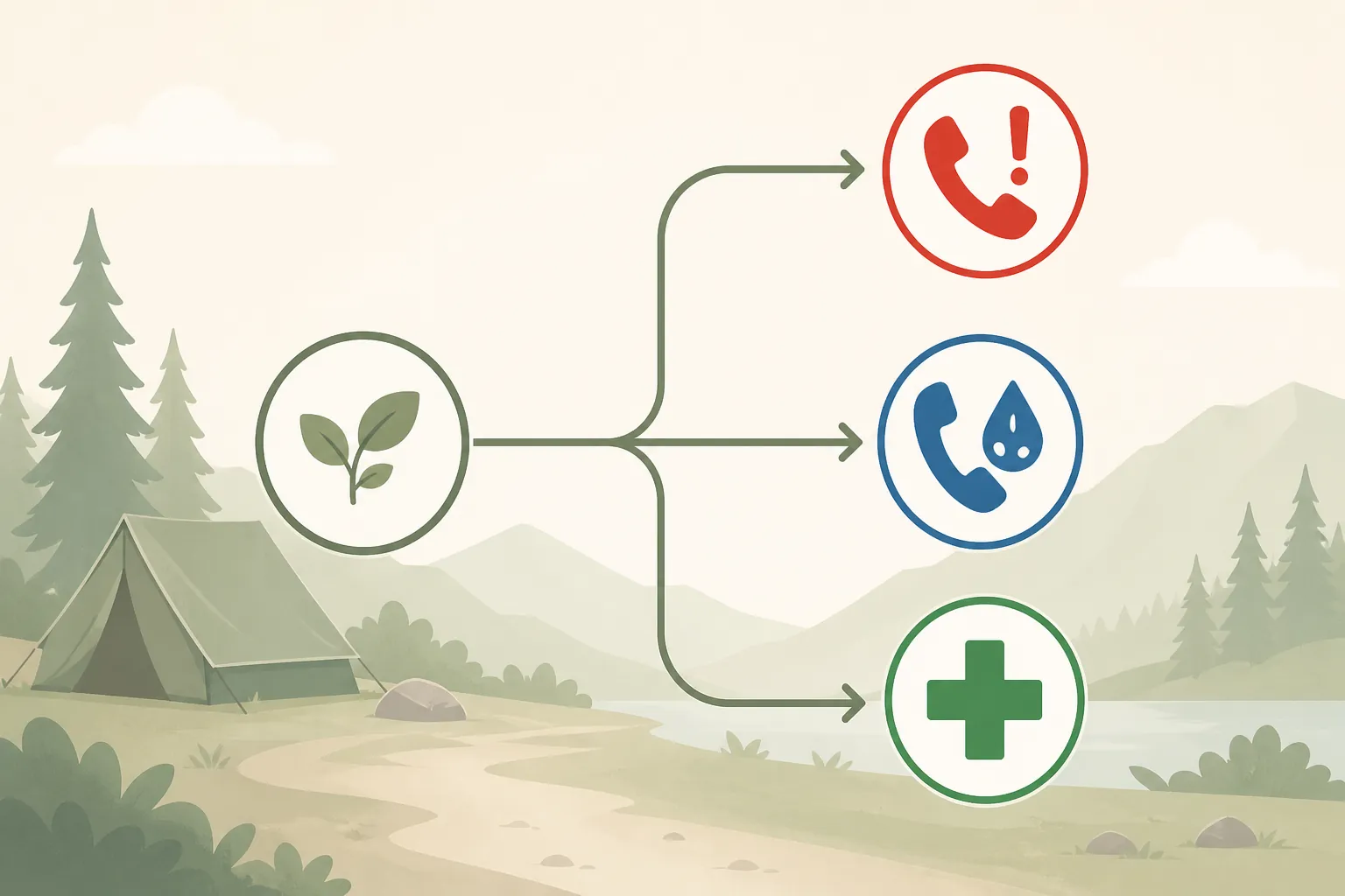 First-aid decision flow with emergency, poison-control, and medical-care branches for a campsite spider bite