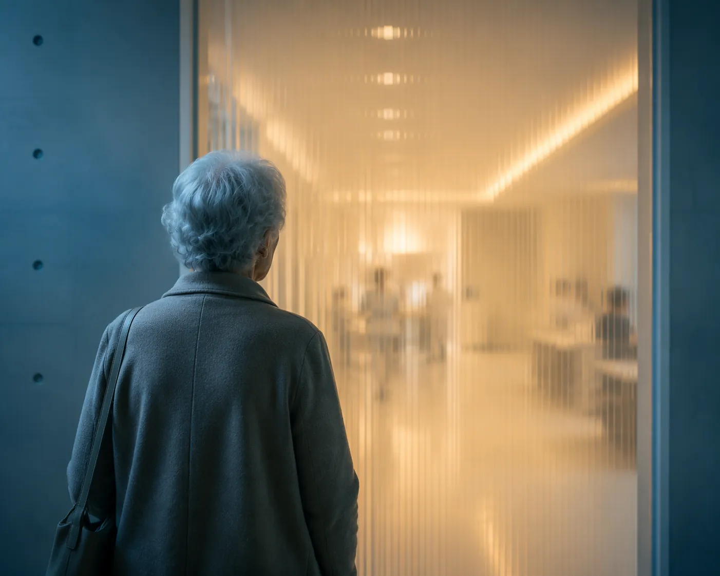 Older person facing a softly lit clinical research doorway with a translucent barrier