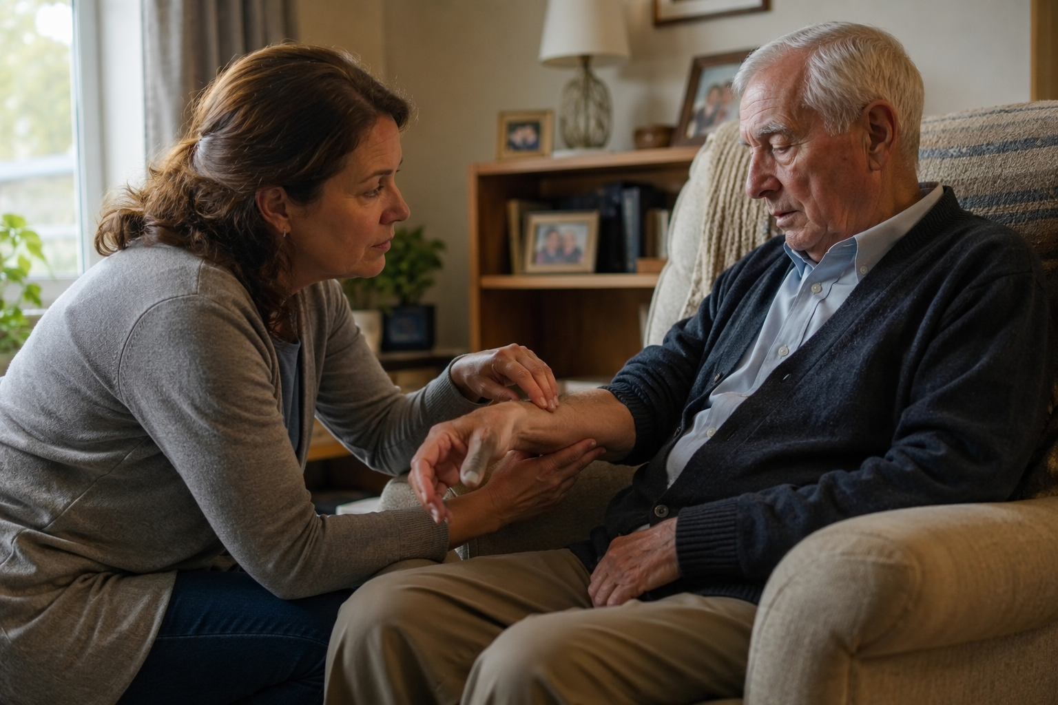 Middle-aged caregiver calmly checking on a tired older man at home