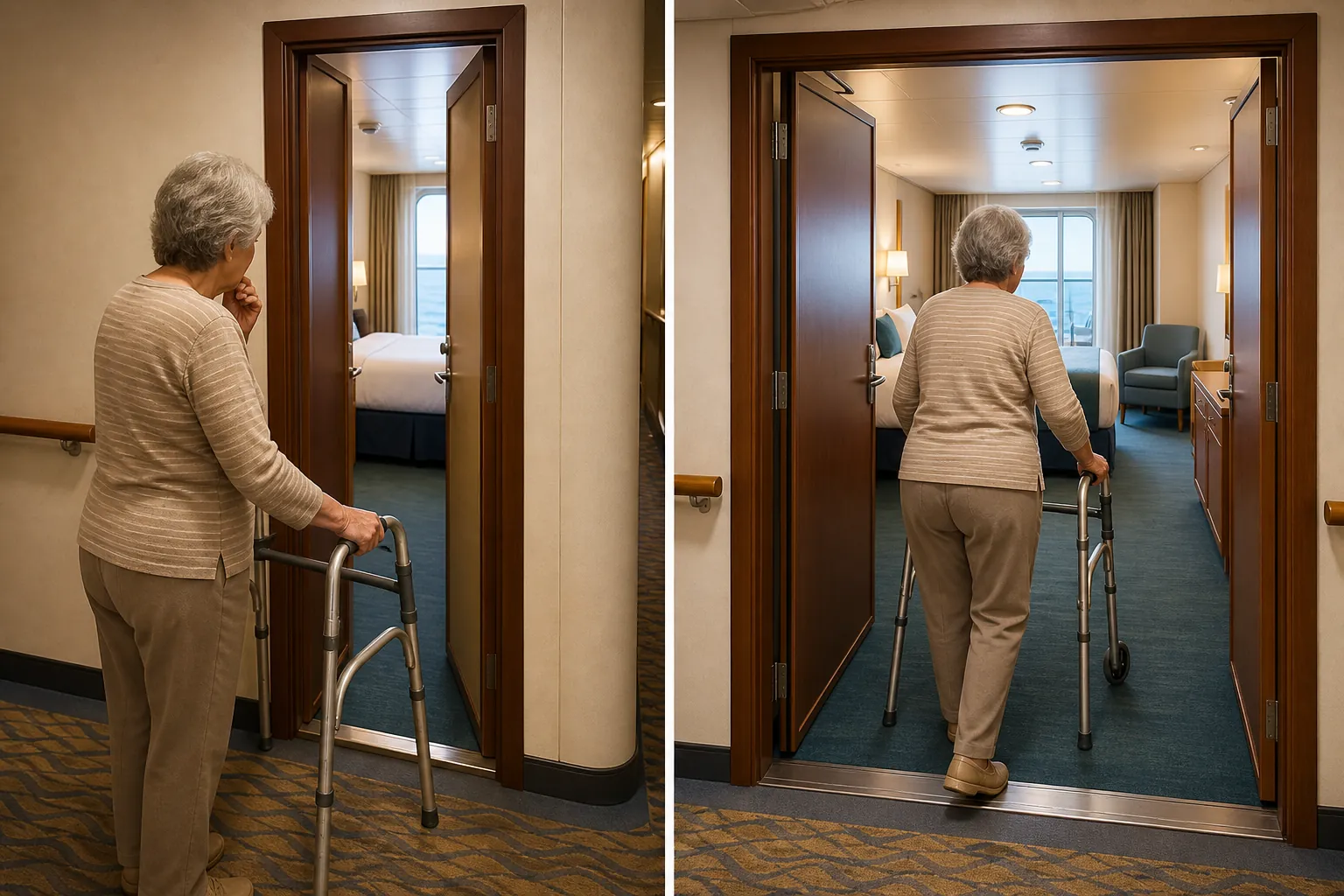 Comparison of a narrow standard cruise cabin doorway and a wider accessible doorway for a walker user