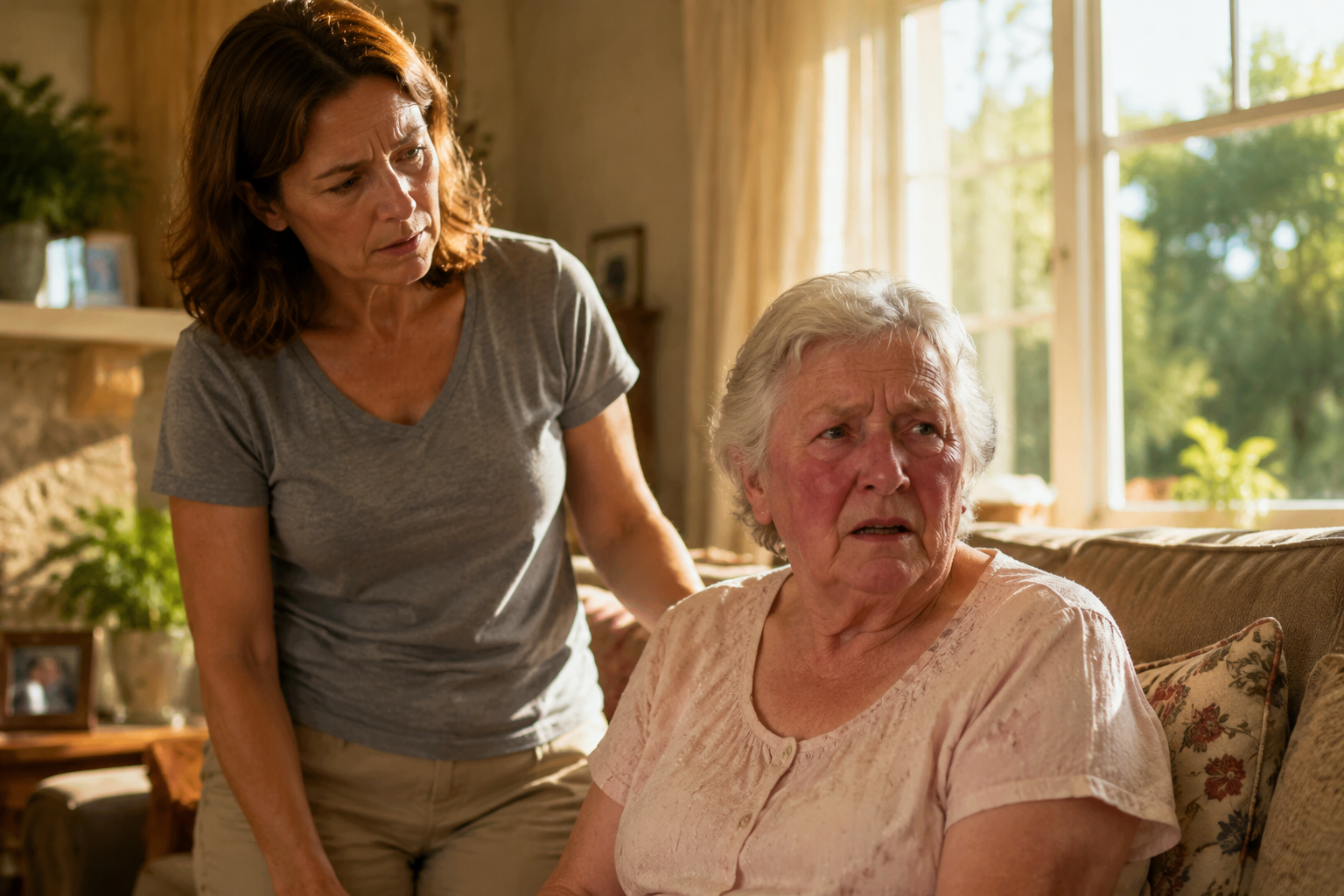 A concerned daughter watches her confused elderly mother in a hot sunlit living room