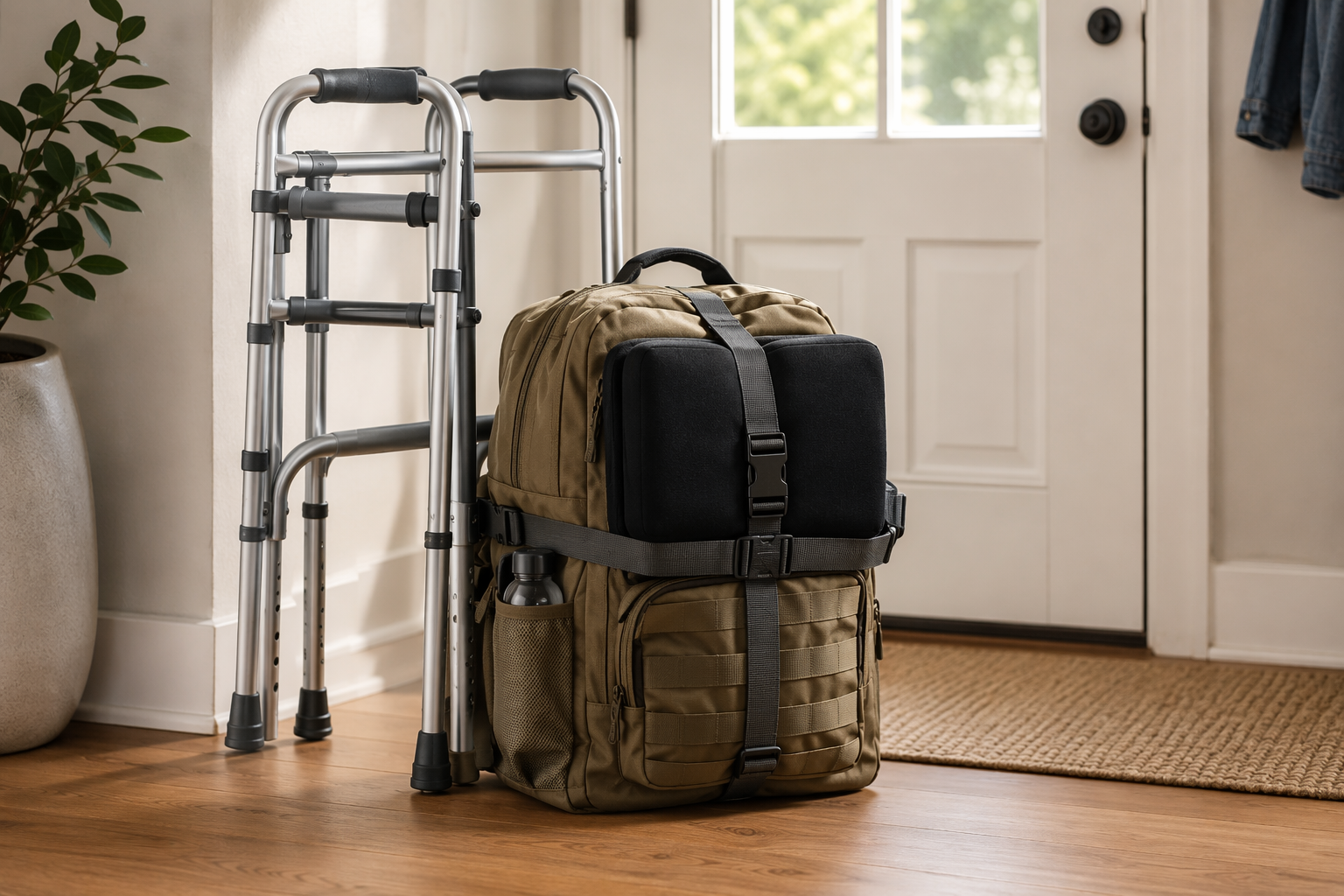 A foldable walker beside a packed evacuation bag with mobility supplies near a doorway