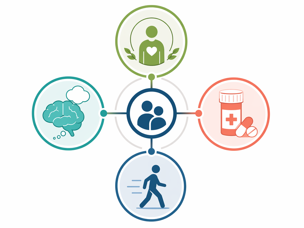A flat vector diagram with four interconnected rounded cards arranged around a central hub, each card displaying an icon for one of the 4Ms: a heart icon (What Matters), a pill bottle icon (Medication), a brain icon (Mentation), and a walking icon (Mobility), in sage green, teal, coral, and navy on white.