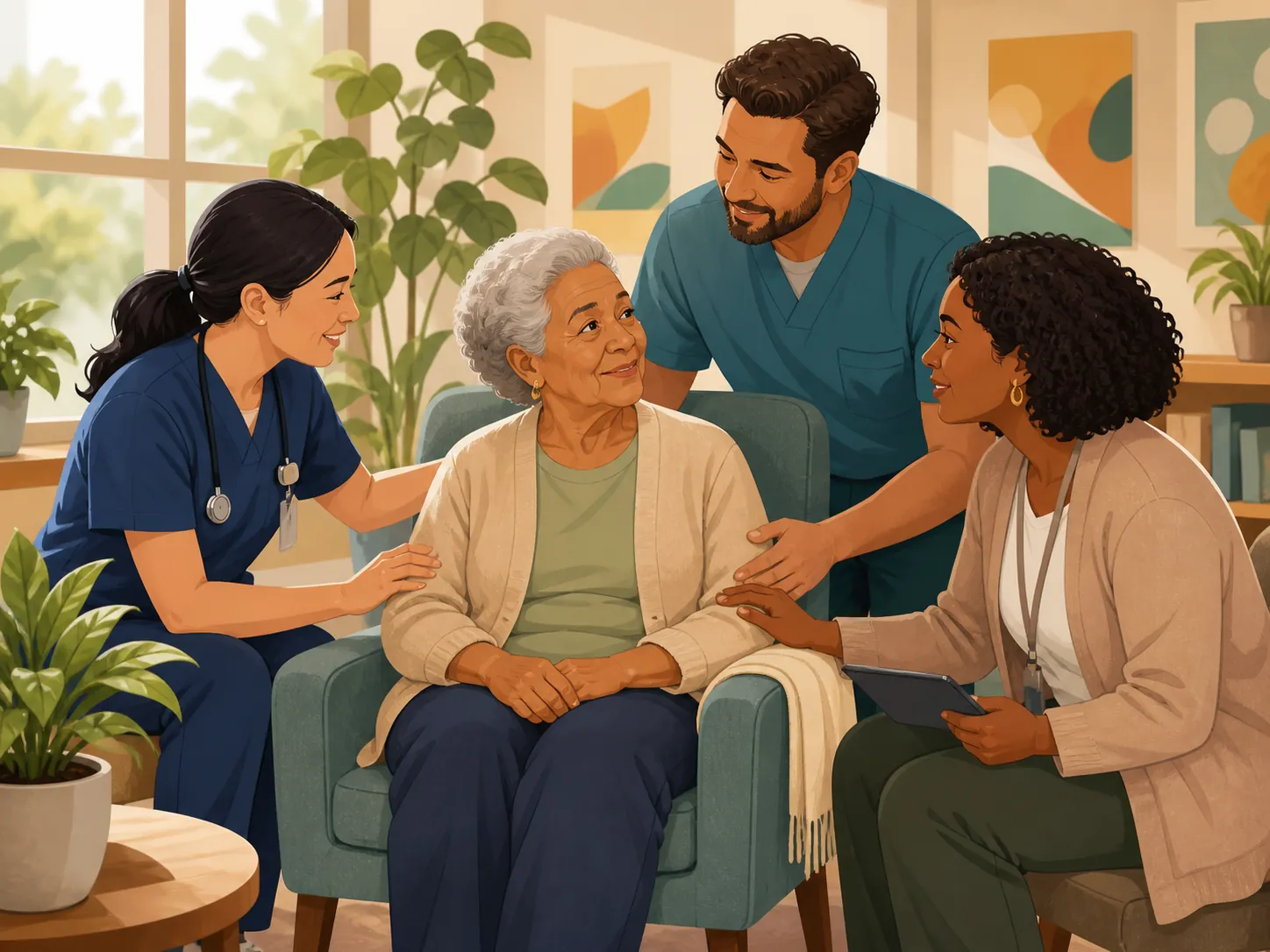 Nurse, physical therapist, and social worker coordinating care with an older woman in a community center