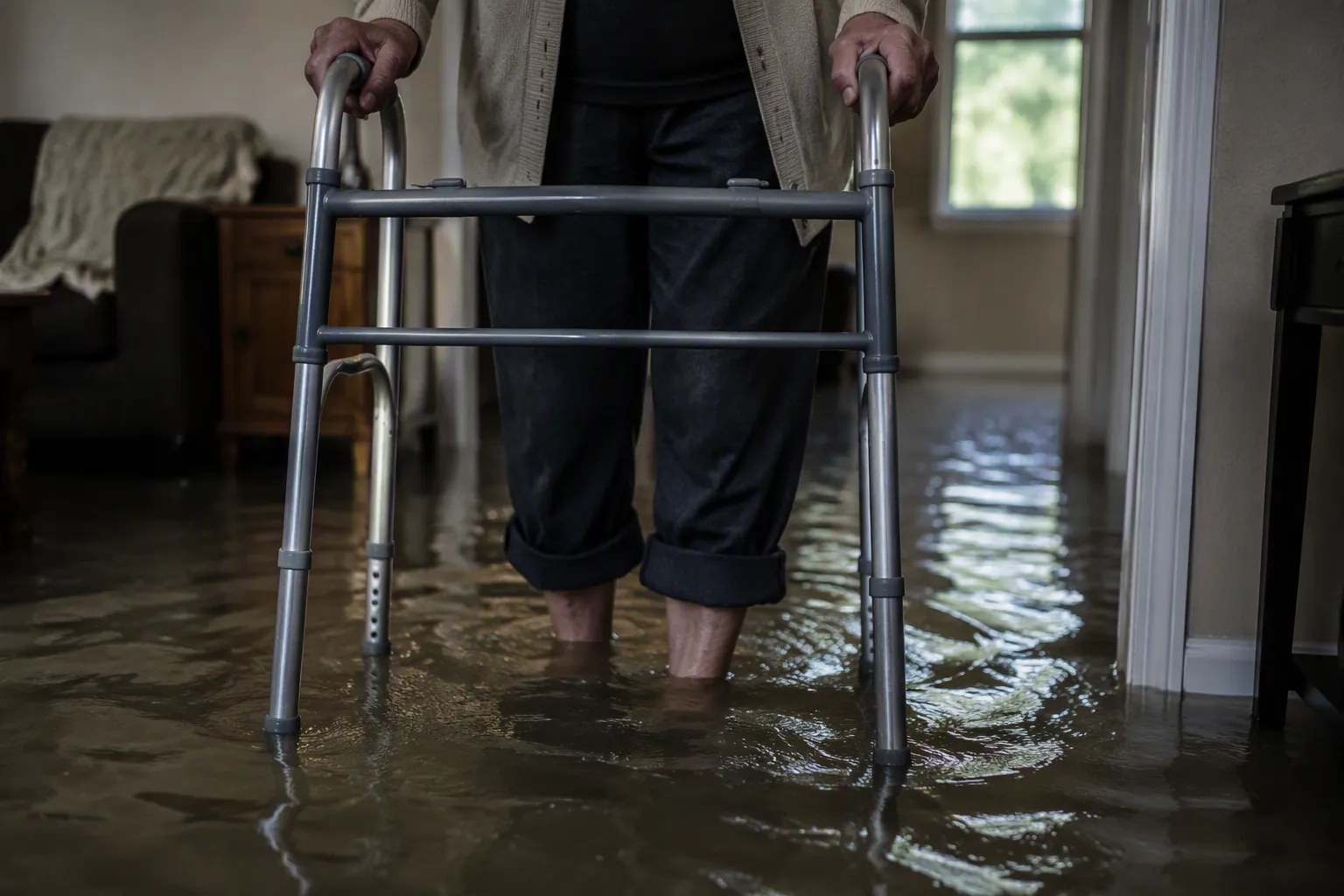 Walker standing in shallow water on a residential floor, showing how floodwater can threaten mobility aid users