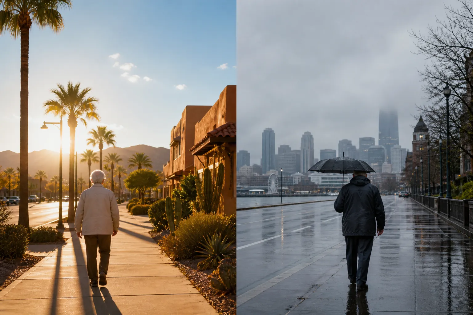 Split scene comparing a sunny Dallas-like winter day with a damp rainy Vancouver-like street