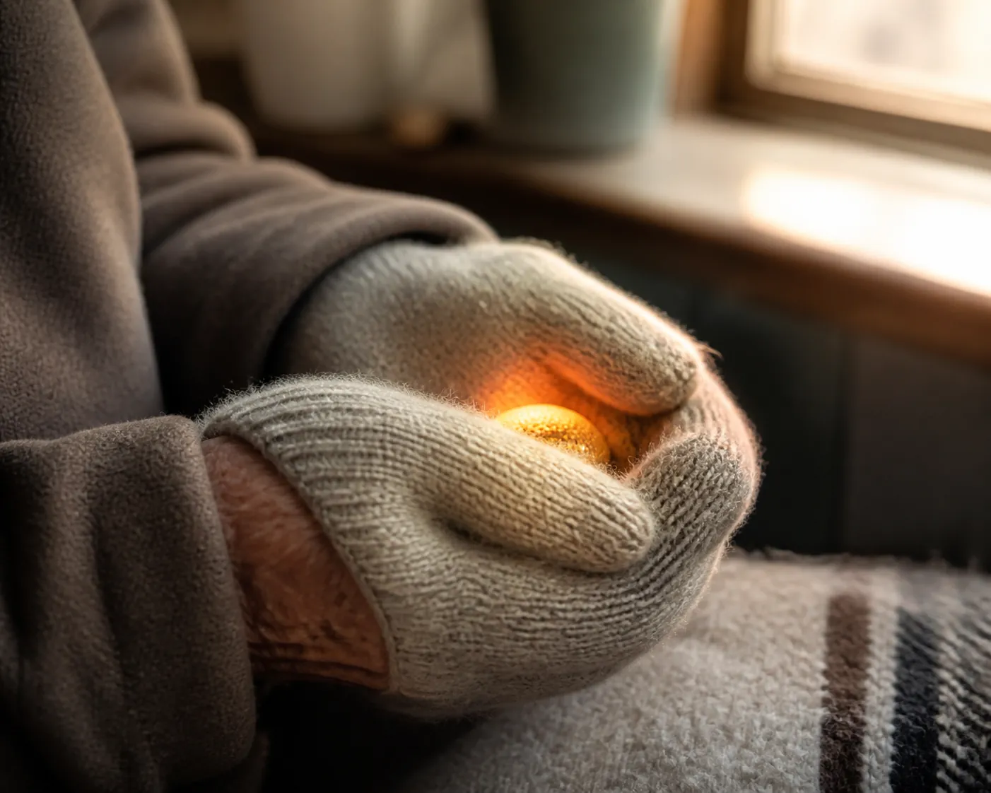 Older adult hands in thick knitted gloves gently holding a small hand warmer