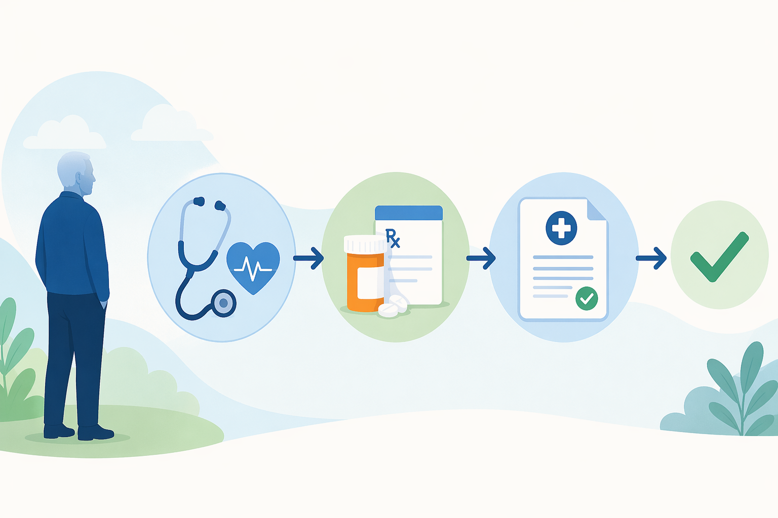 Decision pathway showing diagnosis assessment, statin history review, insurance prior authorization, and a final checkmark