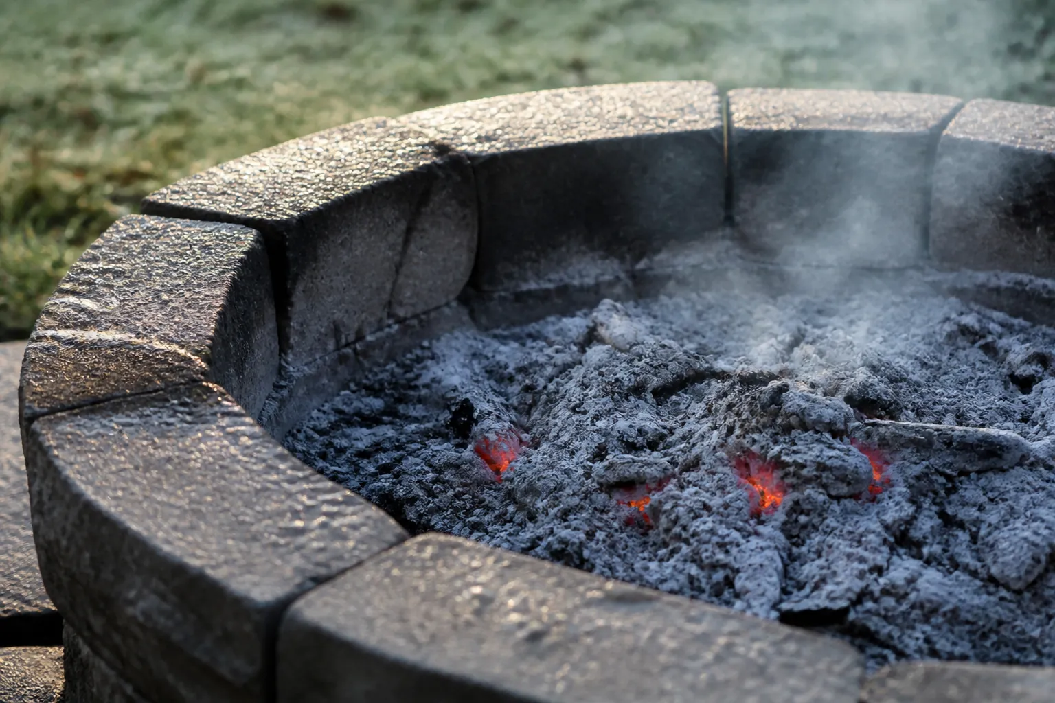 Morning fire pit ash with faint orange embers and a thin wisp of smoke