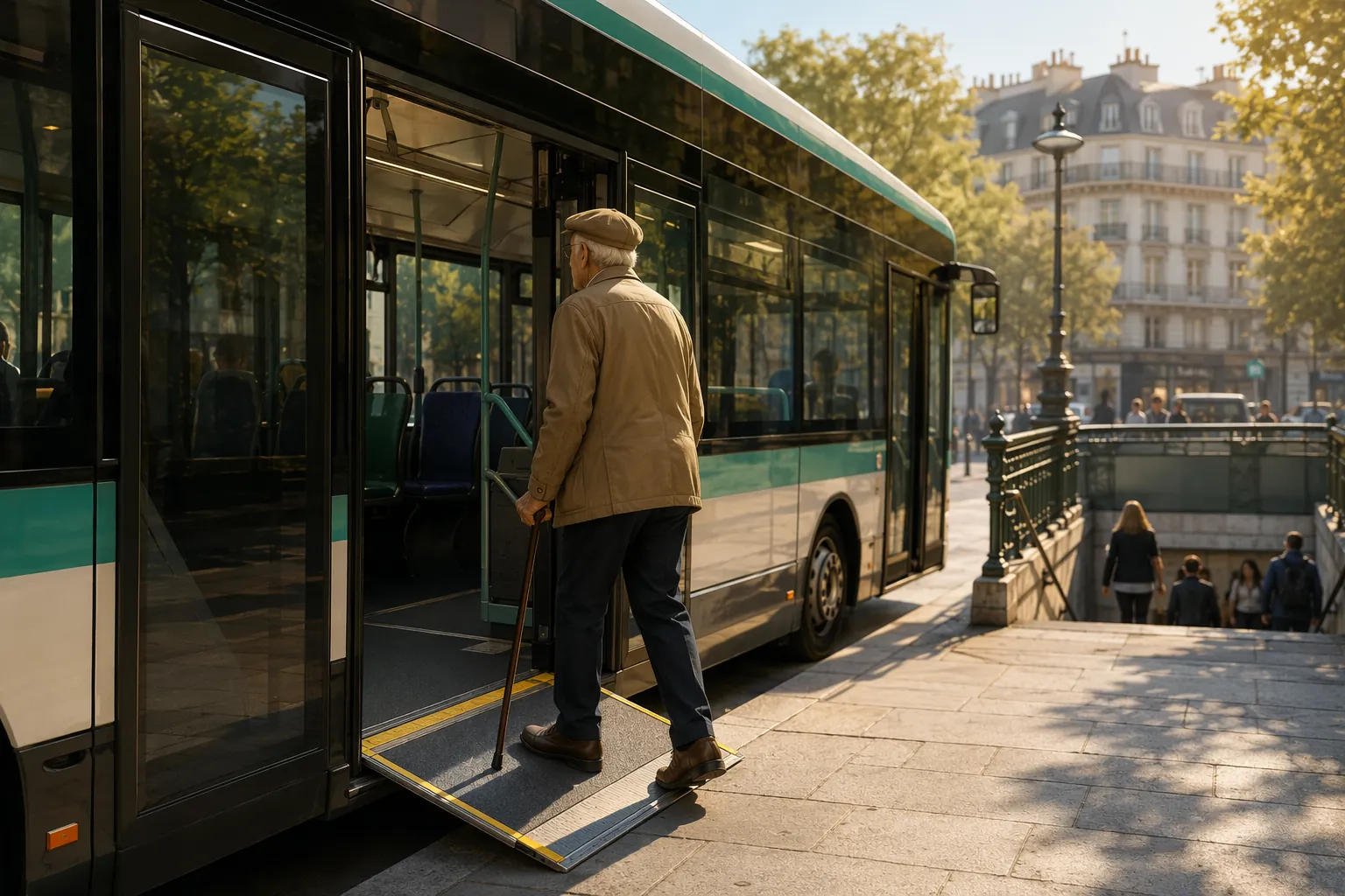 Senior traveler boarding a Paris bus by ramp while a Metro stair entrance is visible nearby