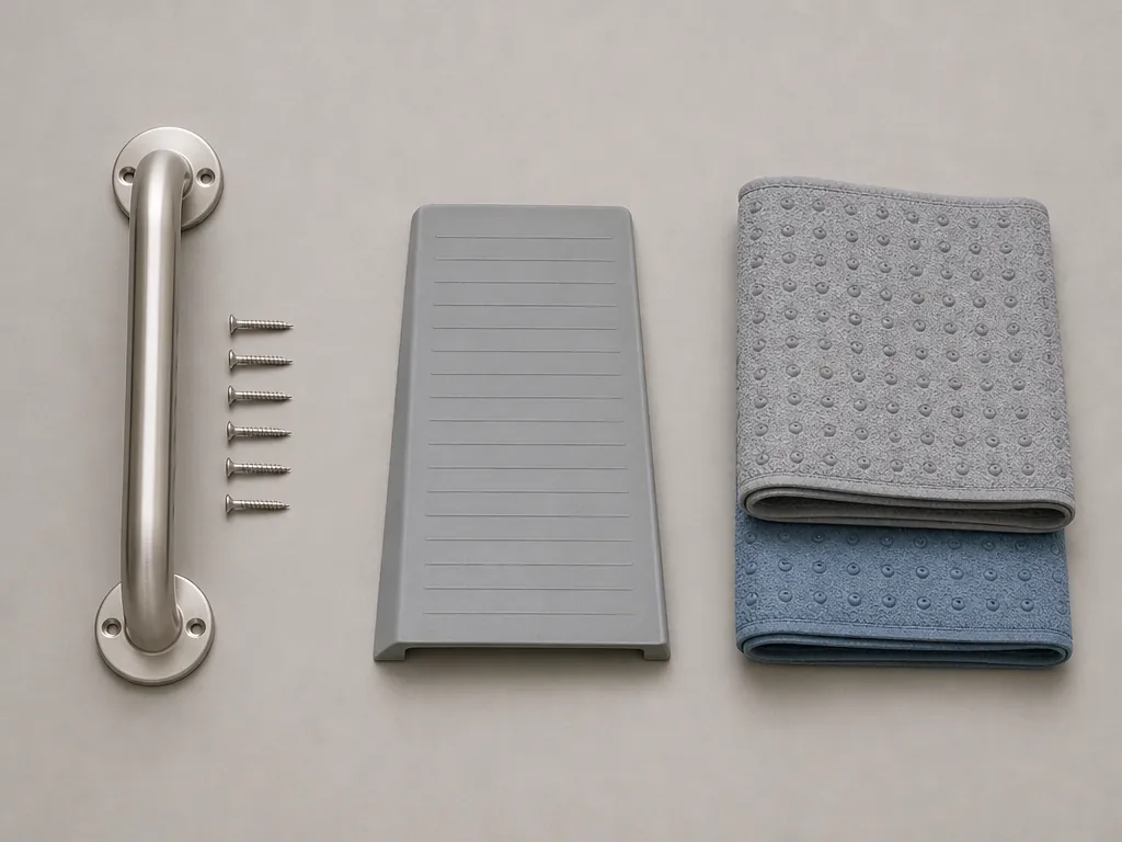 Grab bar, threshold ramp, and non-slip bath mats arranged together