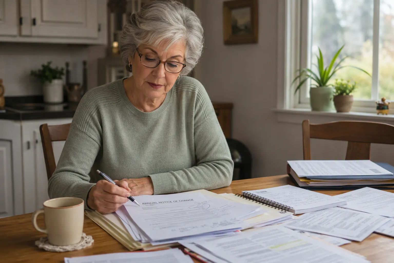 Senior woman reviewing Medicare Annual Notice of Change documents at a kitchen table
