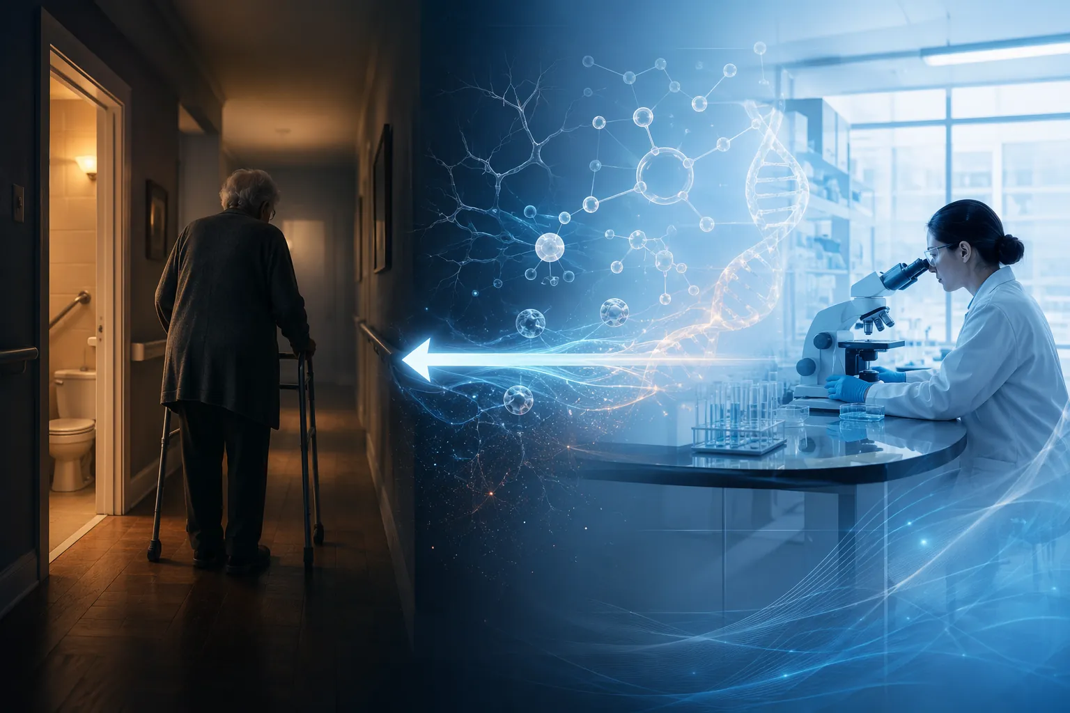 Dim hallway and laboratory scene showing the connection between late-stage mobility support and earlier biological detection