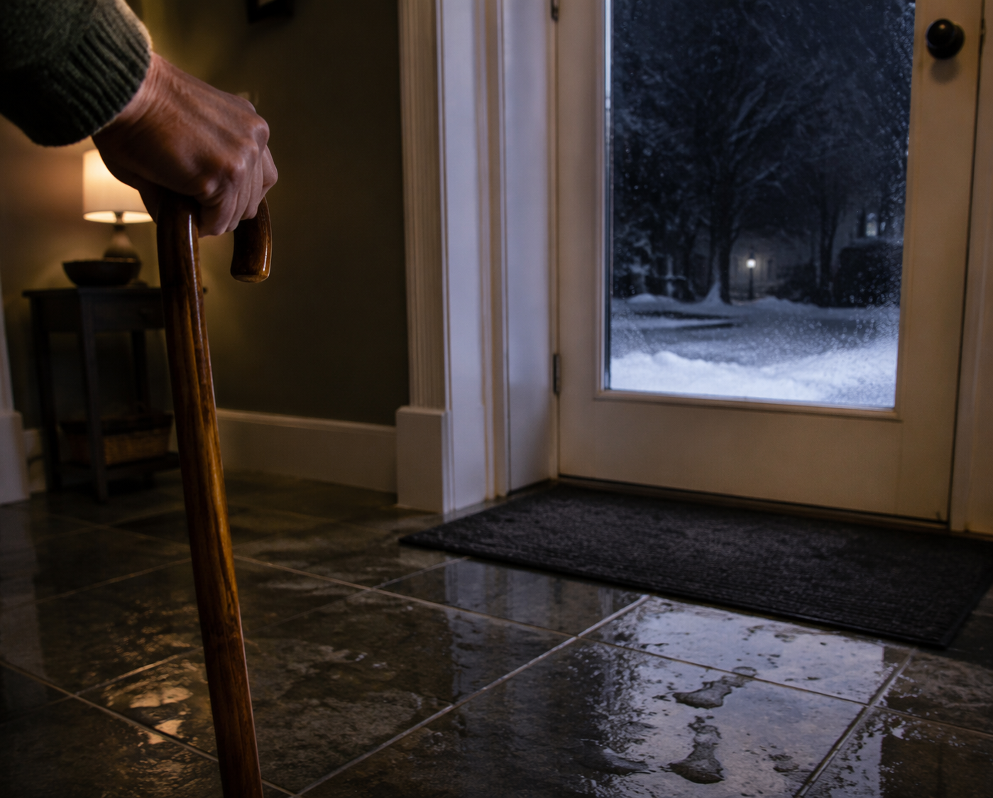Older adult using a cane near a wet winter entryway in dim light