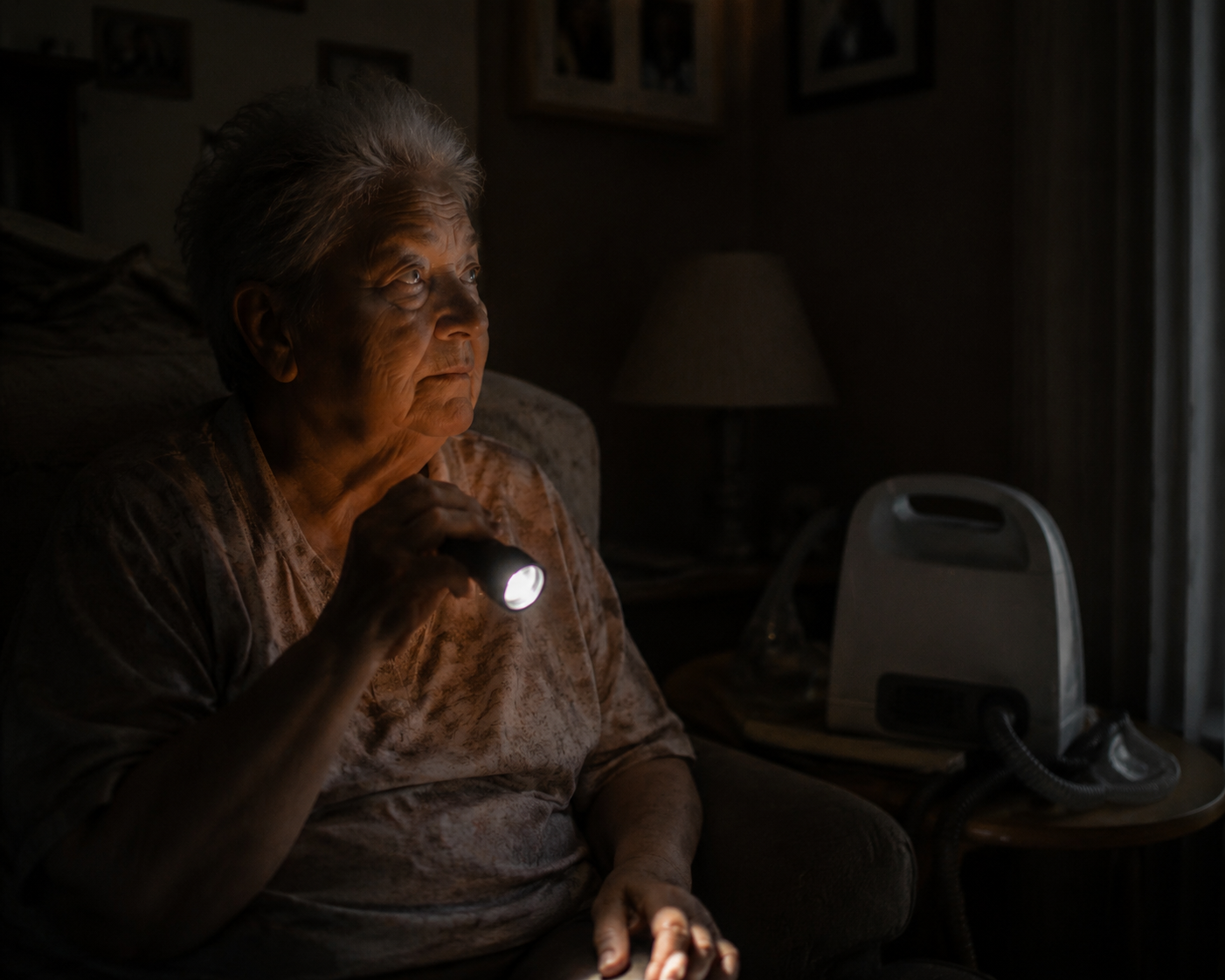 An older adult sits in a dim living room during a power outage with a flashlight while an oxygen concentrator sits dark in the background.