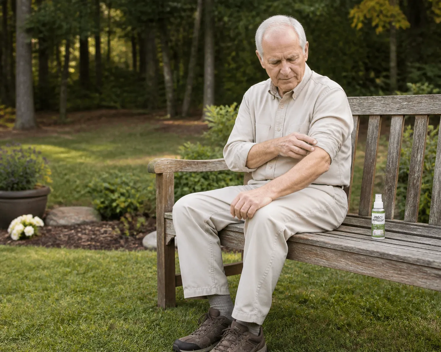 Older adult in long protective clothing checking an arm for ticks while sitting on a garden bench near a treeline