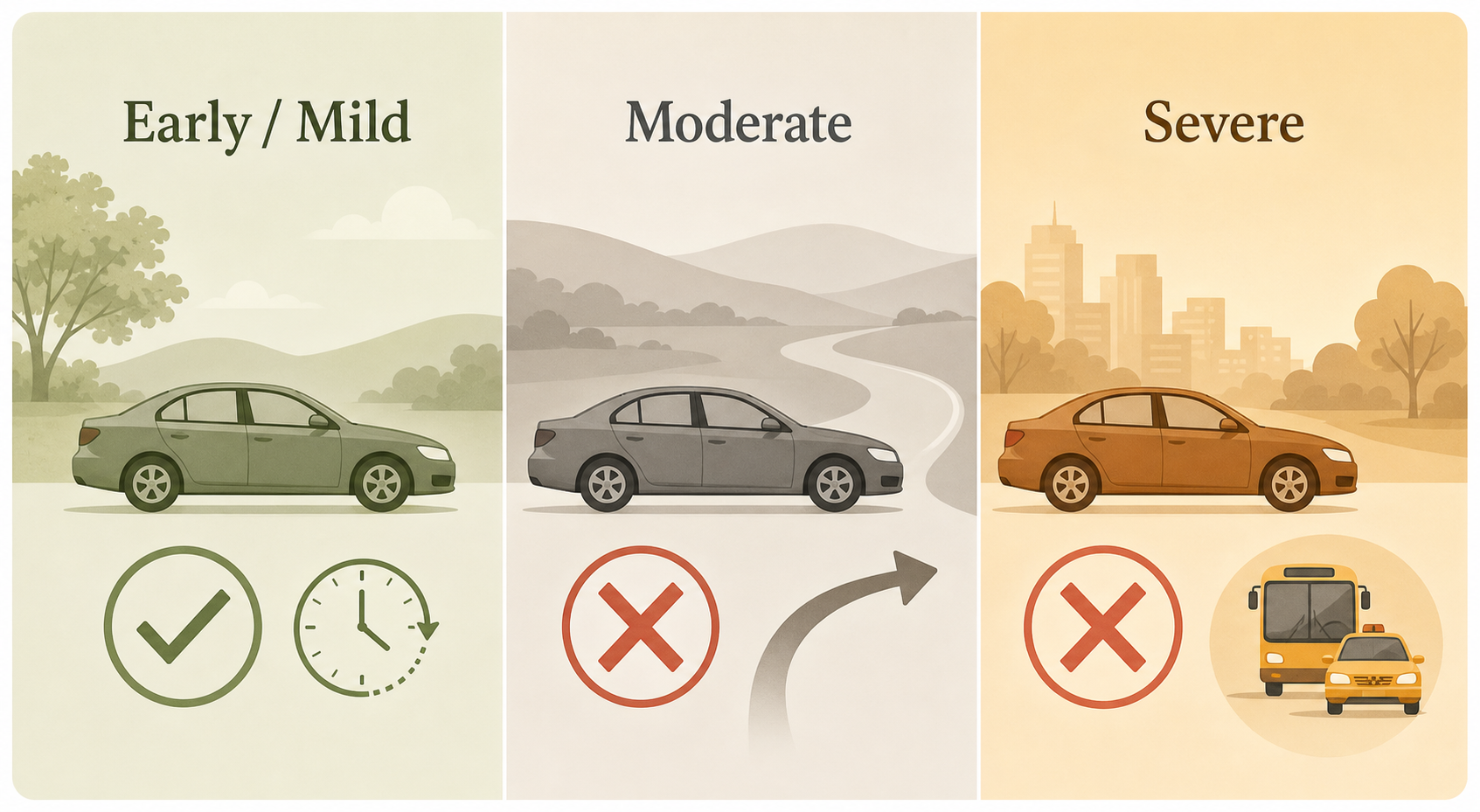 Three horizontal panels in warm earth tones showing dementia stage progression for driving decisions — early/mild with checkmark and clock, moderate with red X and turning arrow, severe with bold red X and transportation alternatives icon.